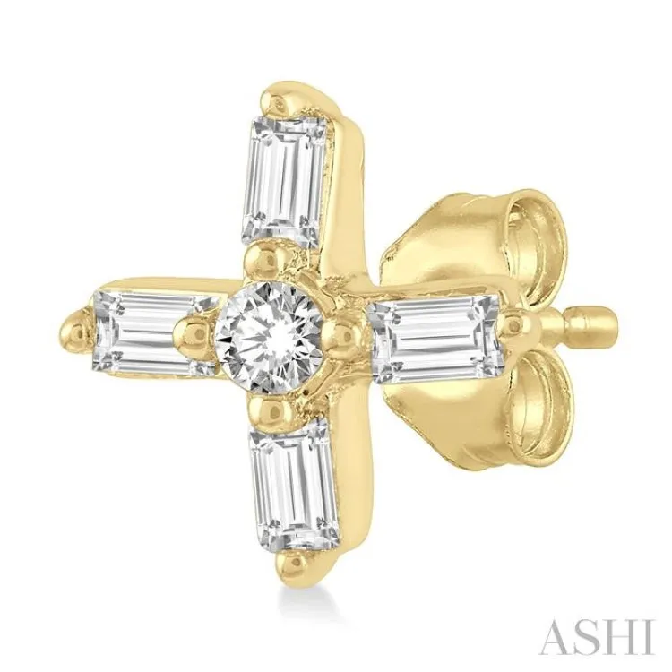 1/10 ctw Greek Cross Baguette and Round Cut Diamond Petite Earring in 10K Yellow Gold