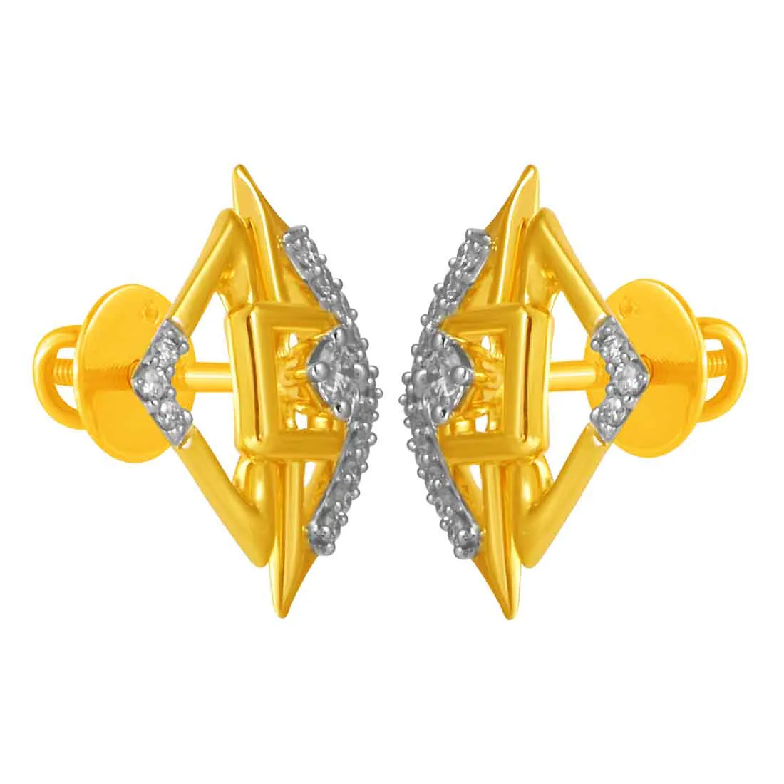 14KT (585) Yellow Gold & Diamond Graceful Unique Stud Earrings