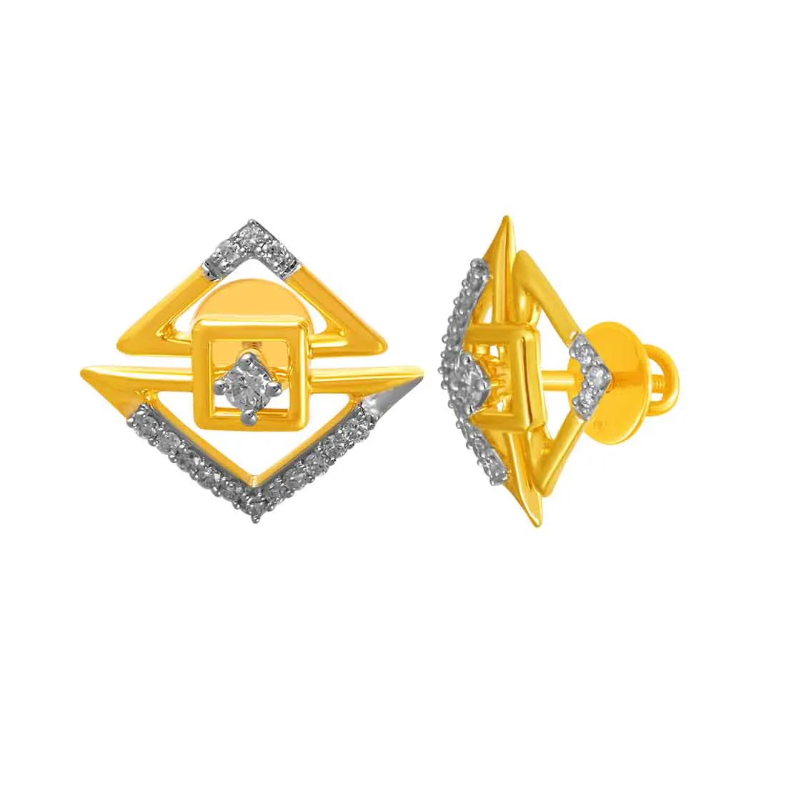 14KT (585) Yellow Gold & Diamond Graceful Unique Stud Earrings