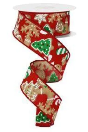 1.5" Gingerbread Cookies Ribbon: Red (10 Yards)