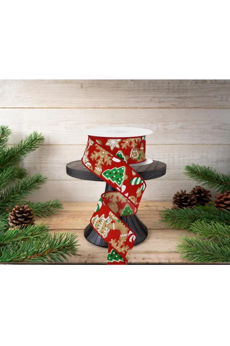 1.5" Gingerbread Cookies Ribbon: Red (10 Yards)