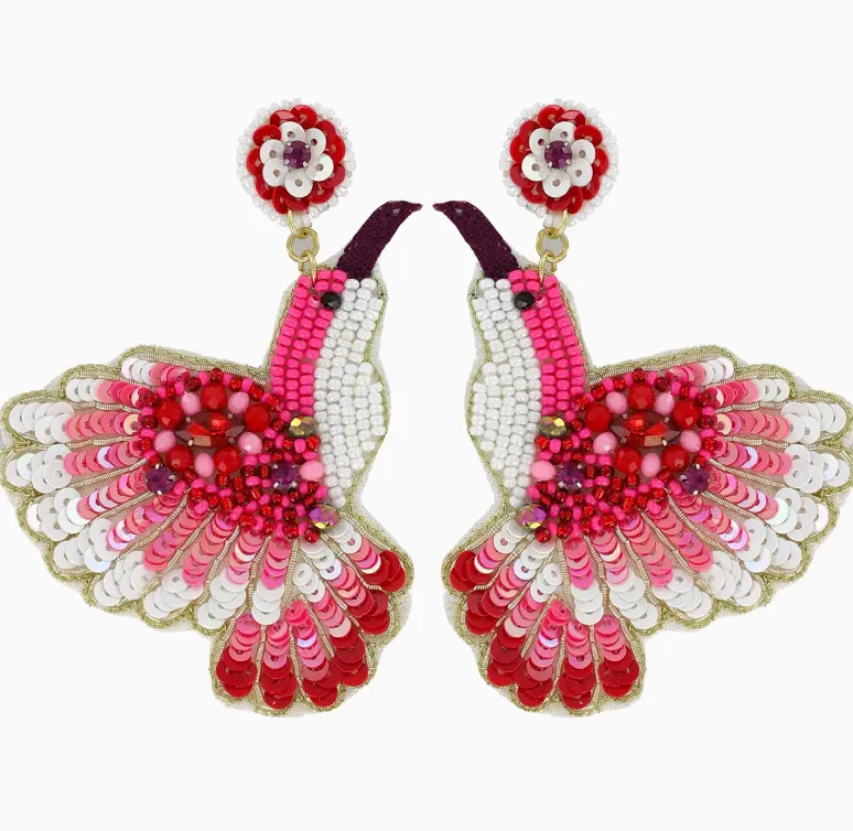 2 Tier Sequin & Beaded Hummingbird Dangle Earrings