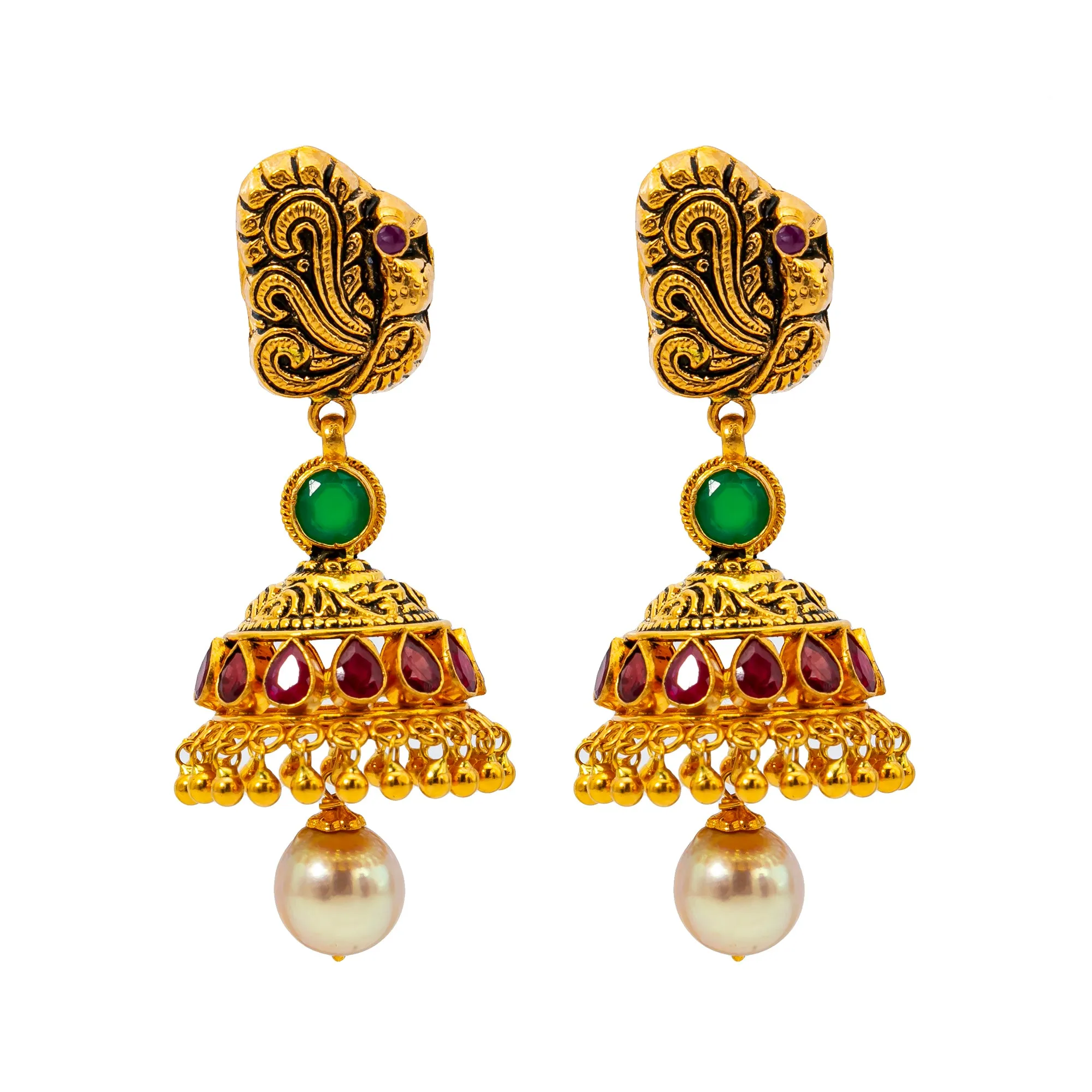 22K Gold, Emerald, & Pearl Temple Set w. Antique Finish (104.3 grams)