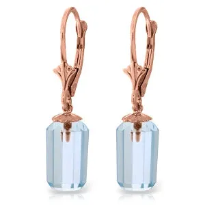 9 Carat 14K Solid Rose Gold Leverback Earrings Bullet Cut Blue Topaz