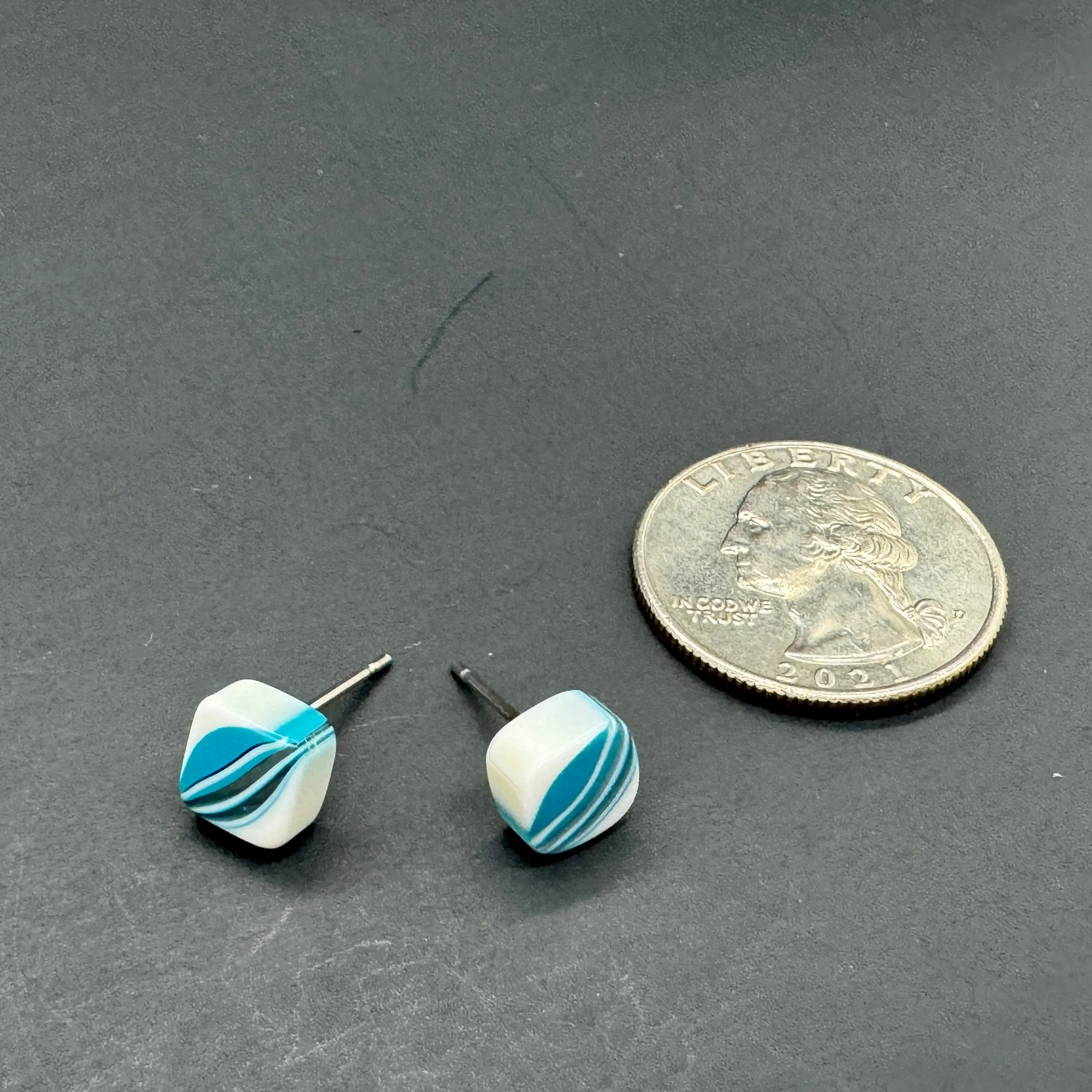 Aqua Blue & White Striped Square Cane Slice Stud Earrings