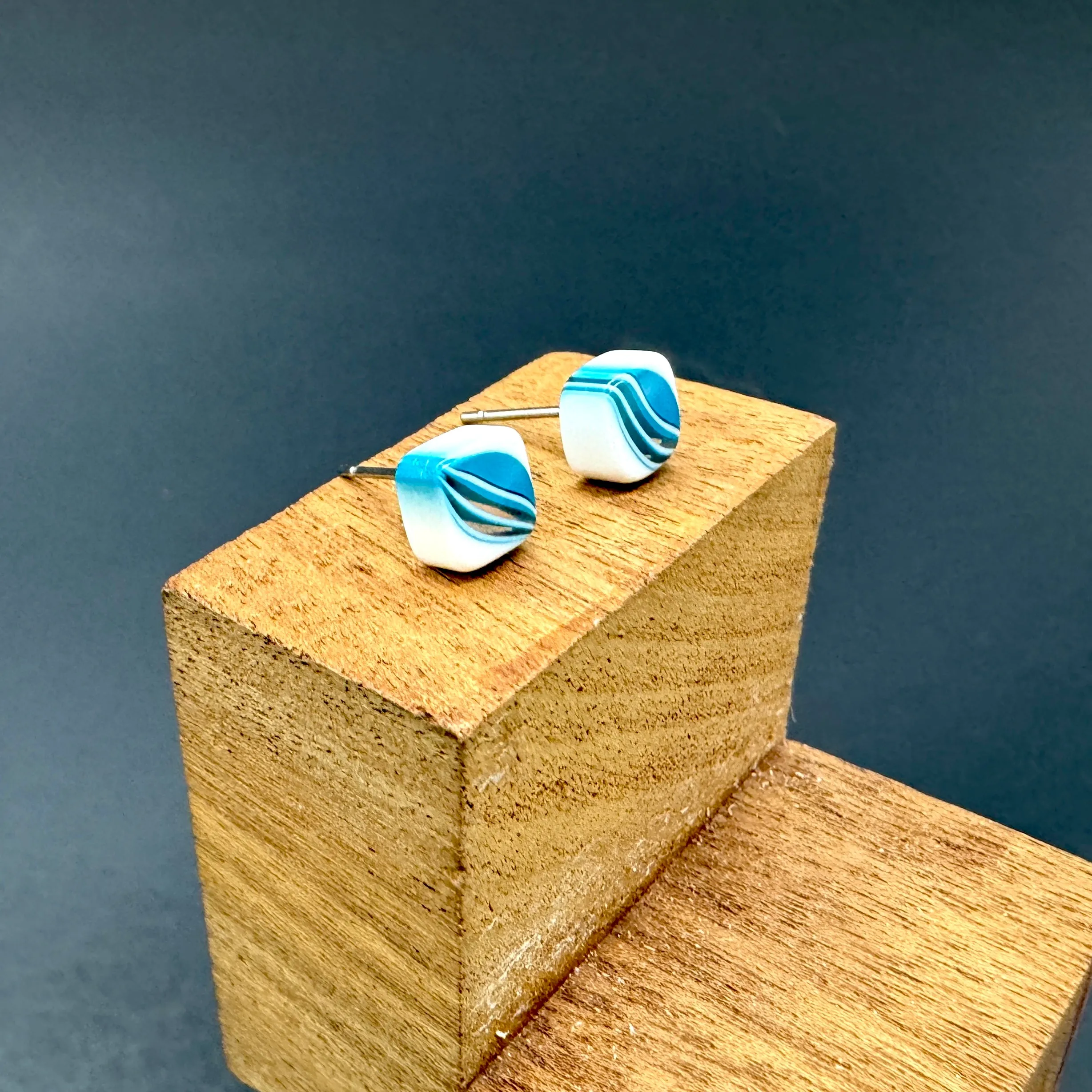 Aqua Blue & White Striped Square Cane Slice Stud Earrings