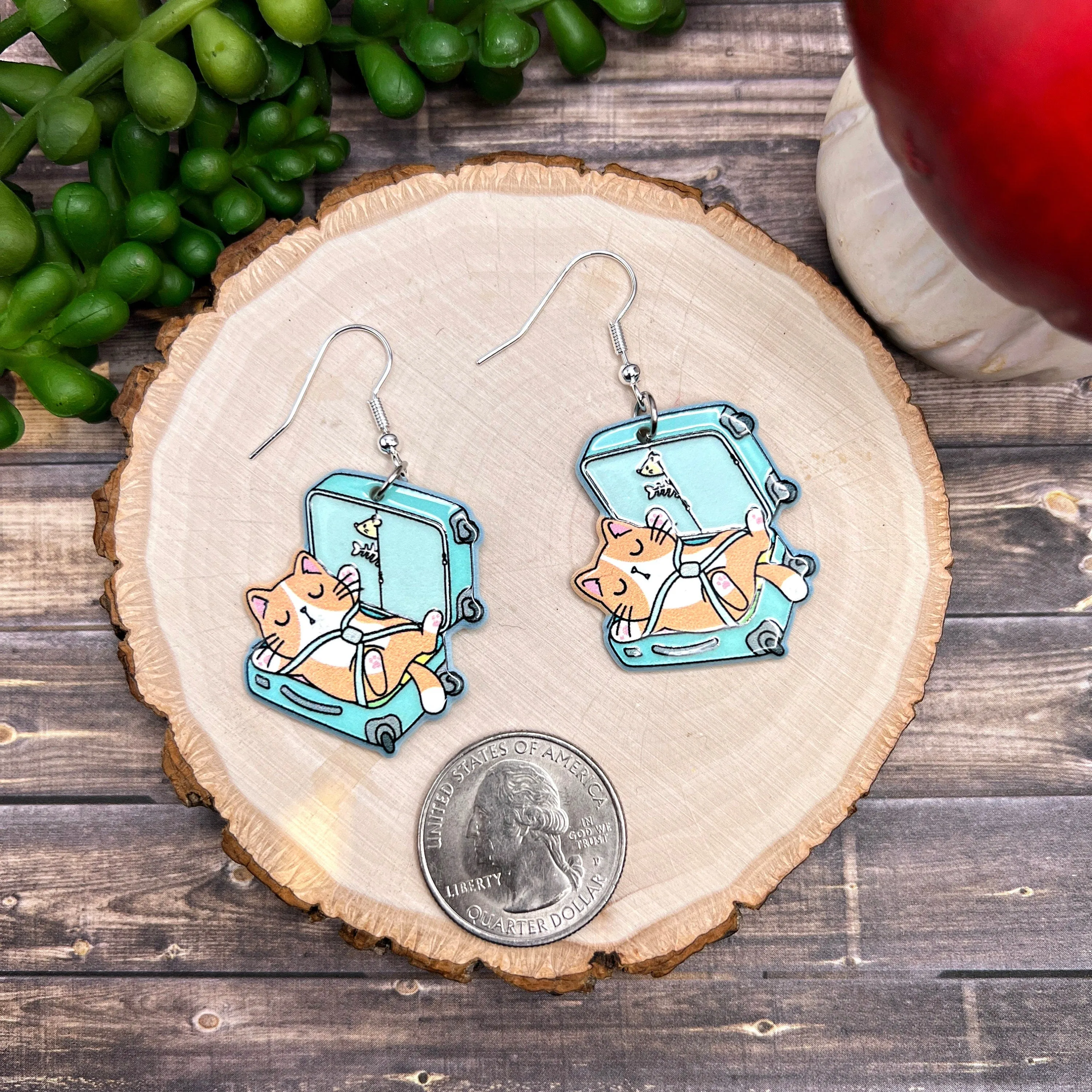 Asleep in a Suitcase Cute Orange Cat  Earrings