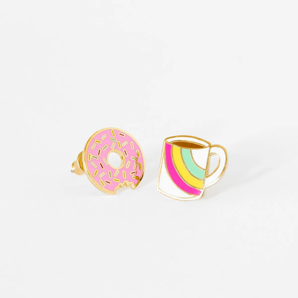 Asymmetrical Cloisonné Stud Earrings - Coffee & Donut