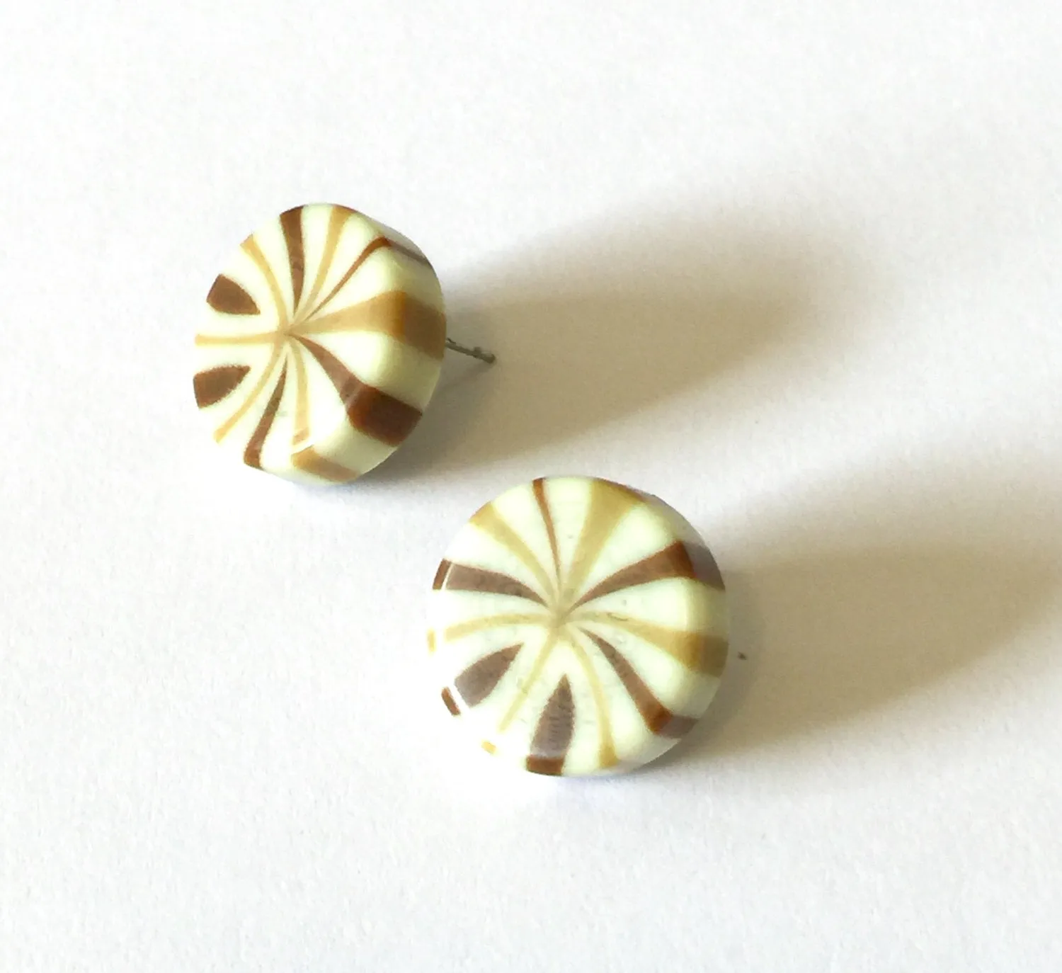 Beige & Brown Candy Striped Chunk Disc Stud Earrings