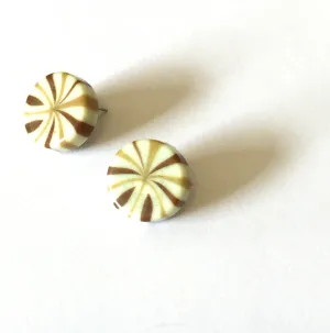 Beige & Brown Candy Striped Chunk Disc Stud Earrings