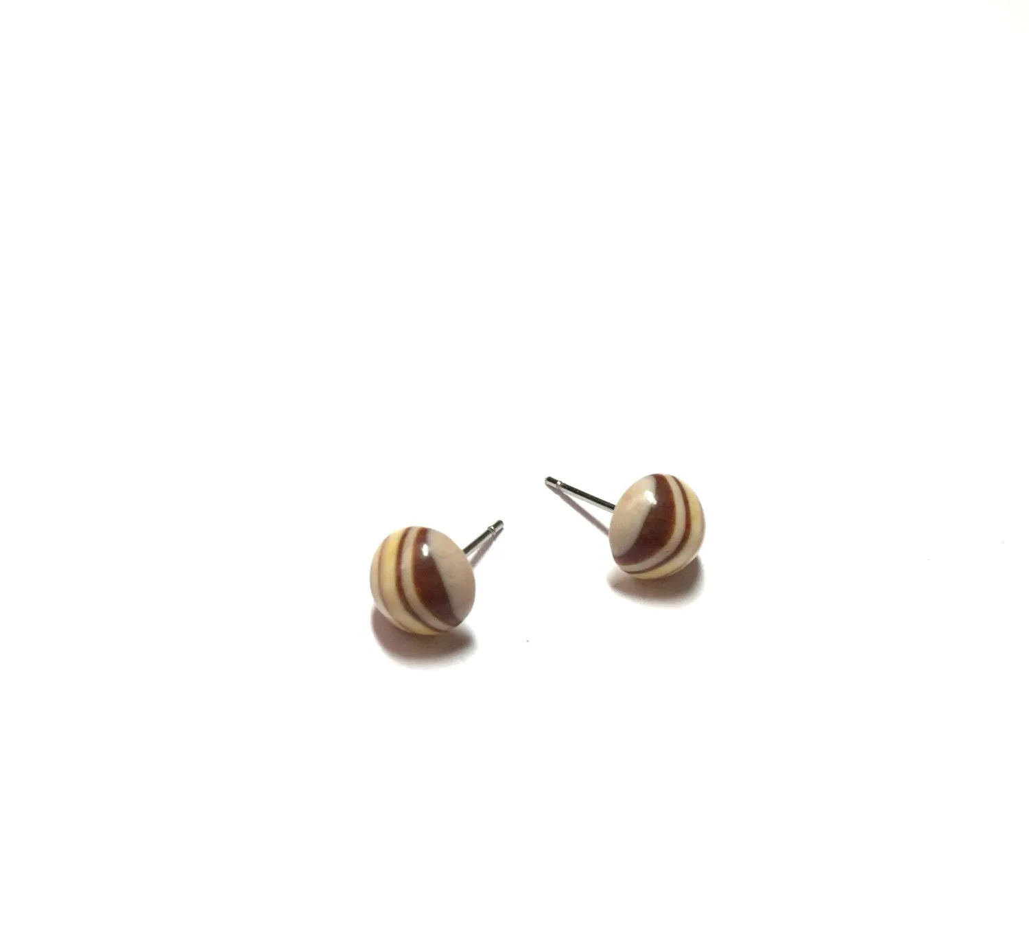 Beige Striped Vintage Lucite Small Retro Button Stud Earrings