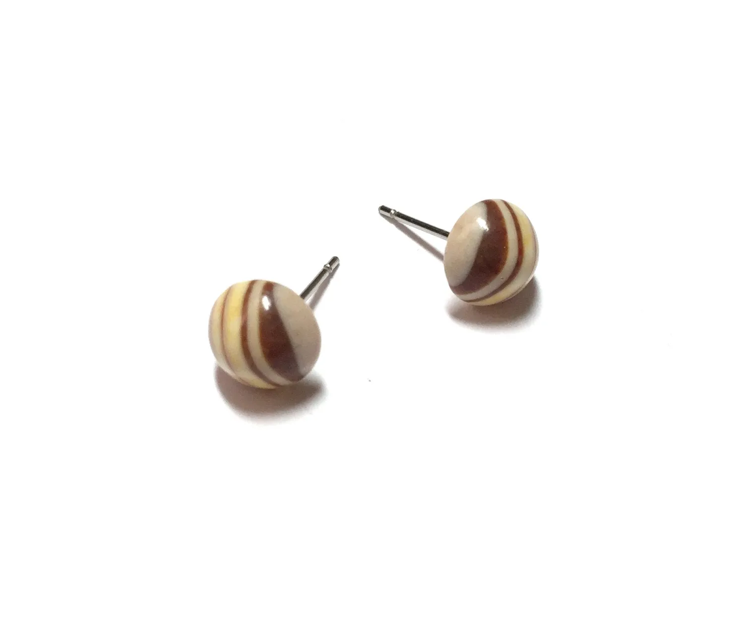 Beige Striped Vintage Lucite Small Retro Button Stud Earrings