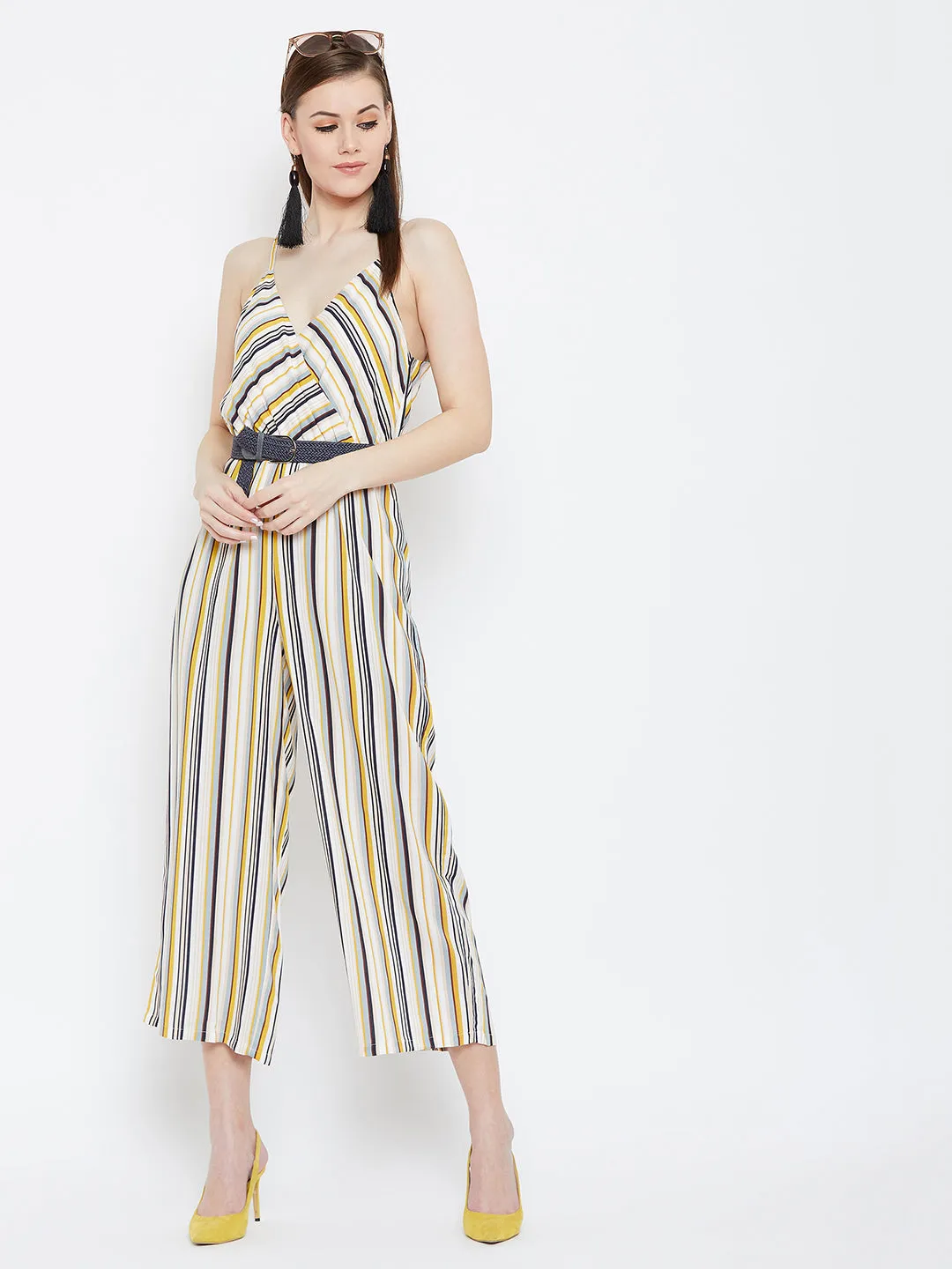 Berrylush Women Cream & Multicolour Striped Patterned V-Neck Layered Wrap Jumpsuit