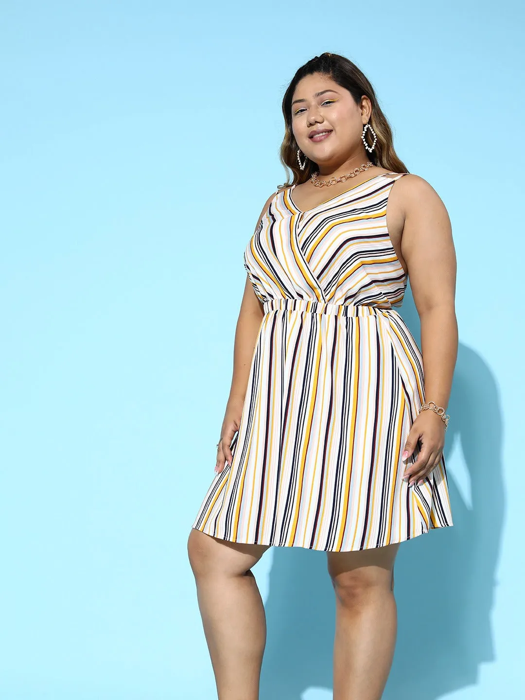 Berrylush Women Plus Size White & Multicolour Stripe Printed V-Neck Styled Back Straight Hem A-Line Mini Dress