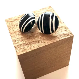 Black & White Pinstripe Retro Button Stud Earrings