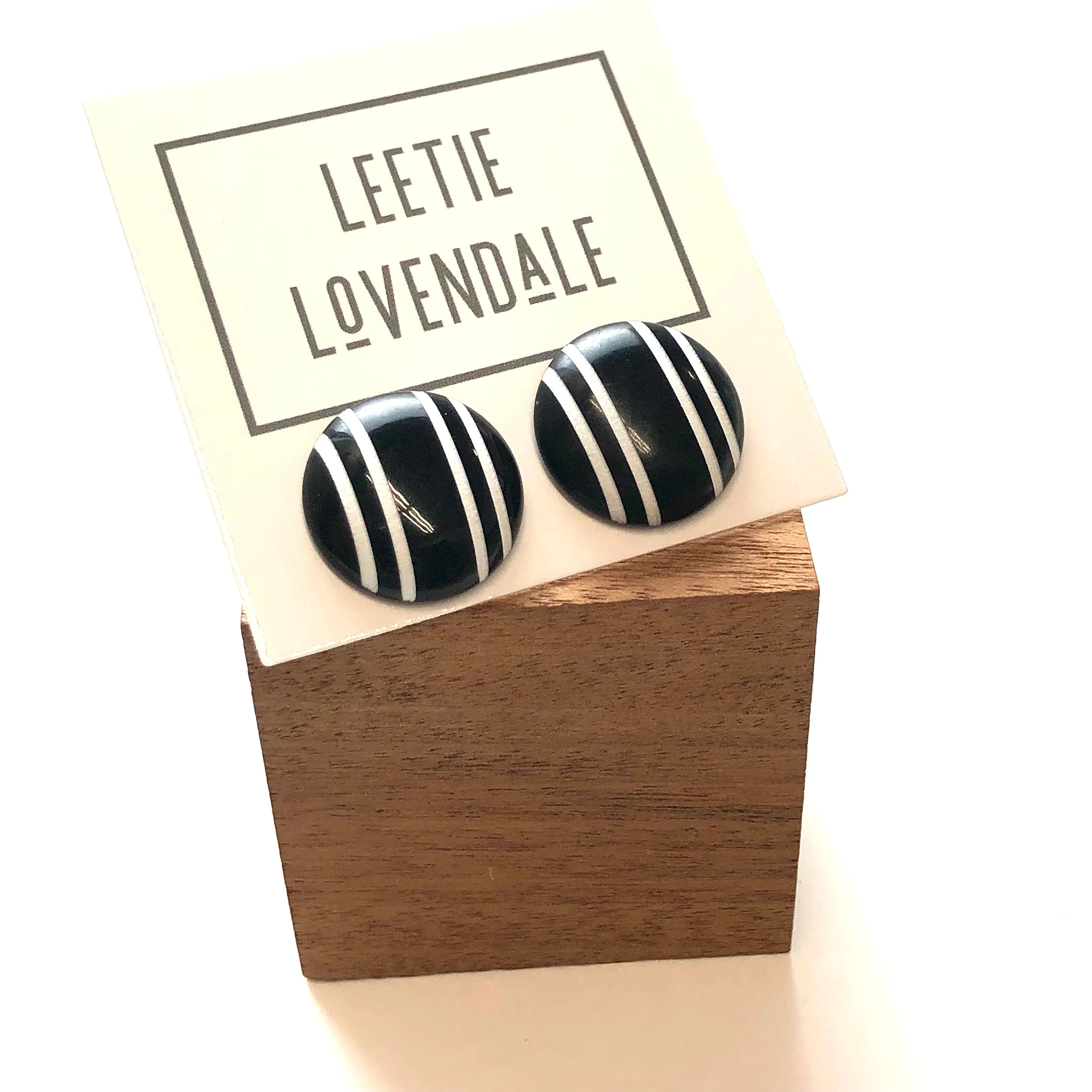 Black & White Pinstripe Retro Button Stud Earrings