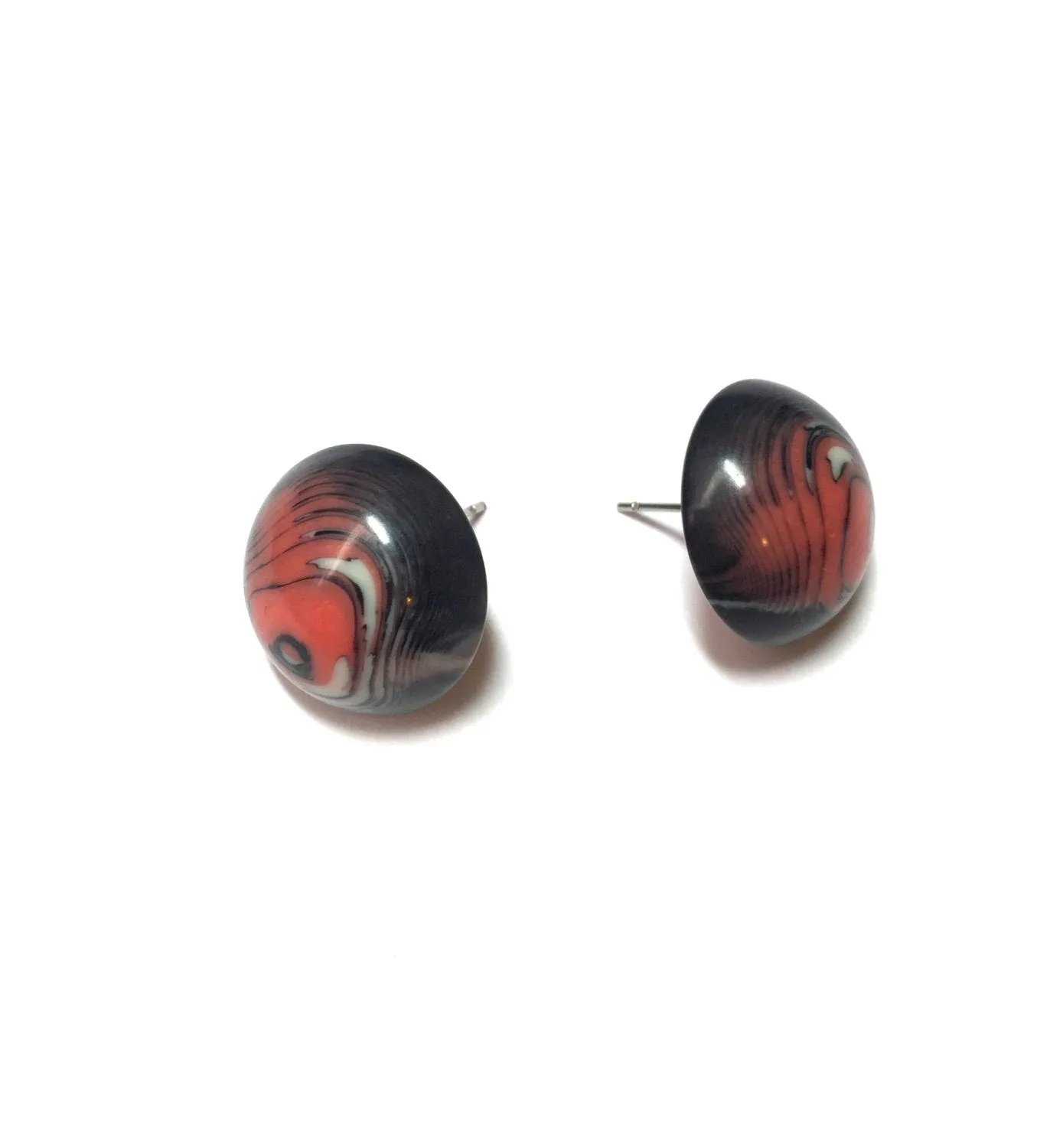 Black and Coral Agate Stripe Retro Button Stud Earrings