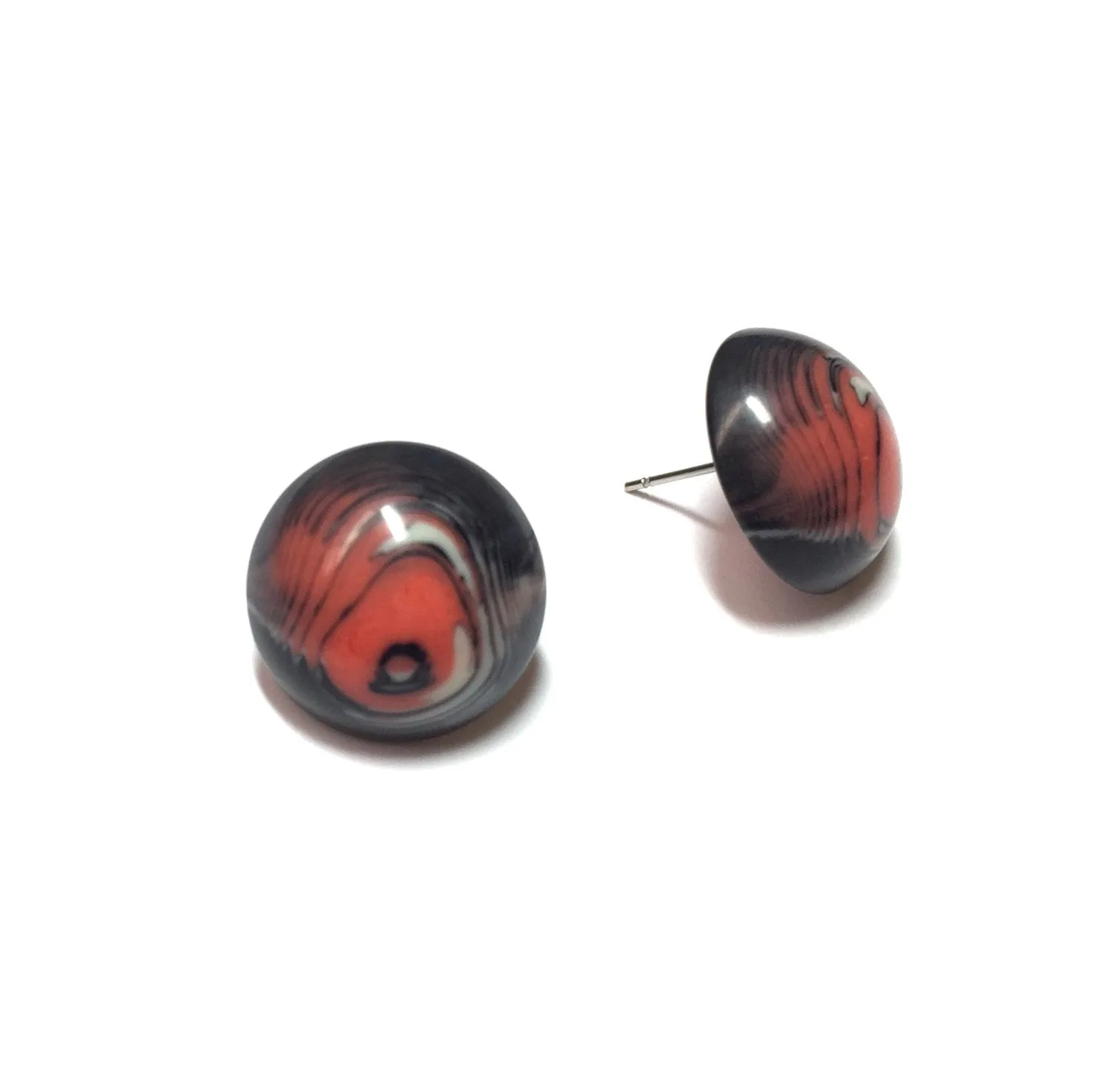 Black and Coral Agate Stripe Retro Button Stud Earrings