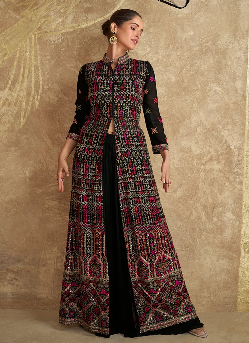 Black Multi Traditional Embroidered Slit Style Palazzo Suit