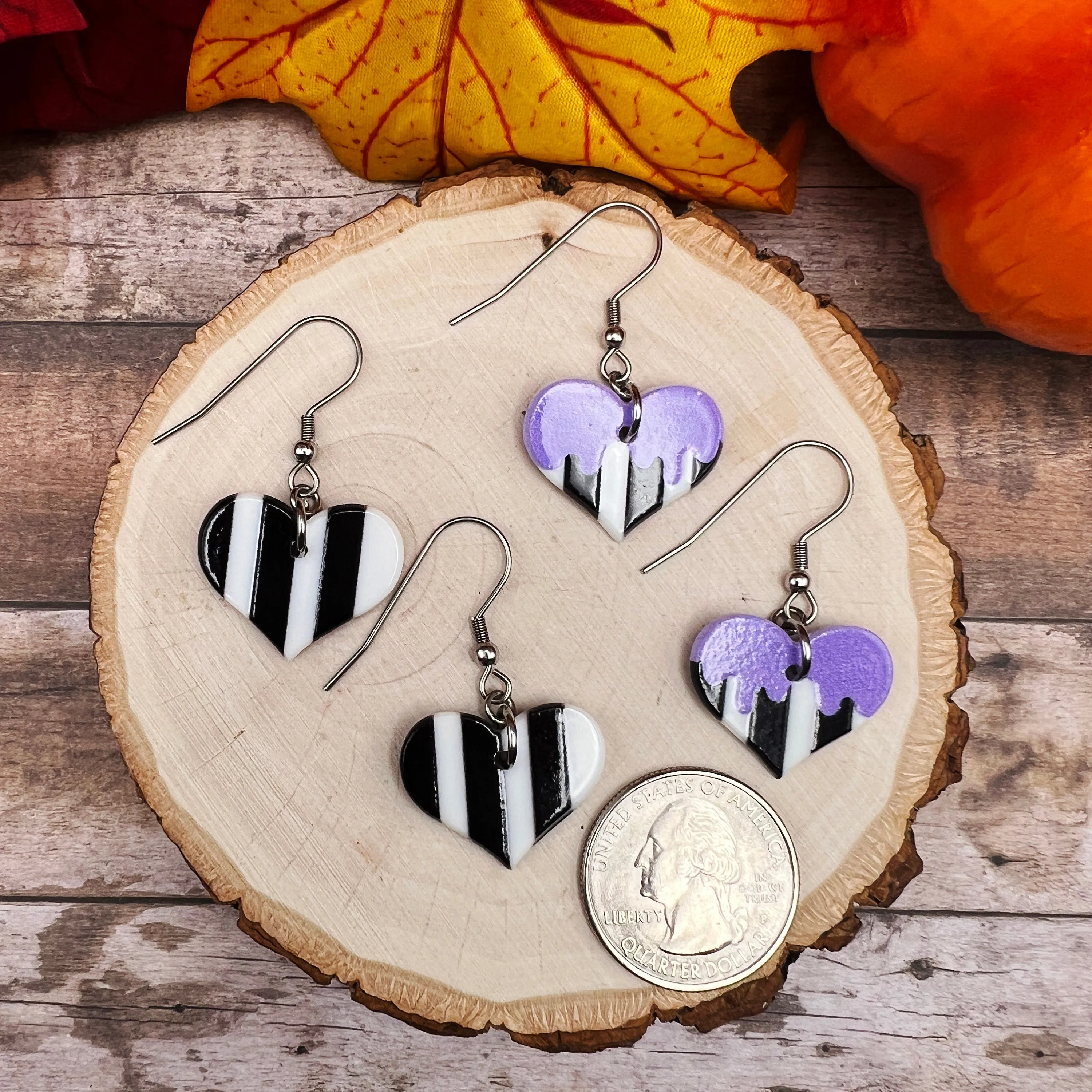 Black White and Purple Striped Heart Halloween Earrings