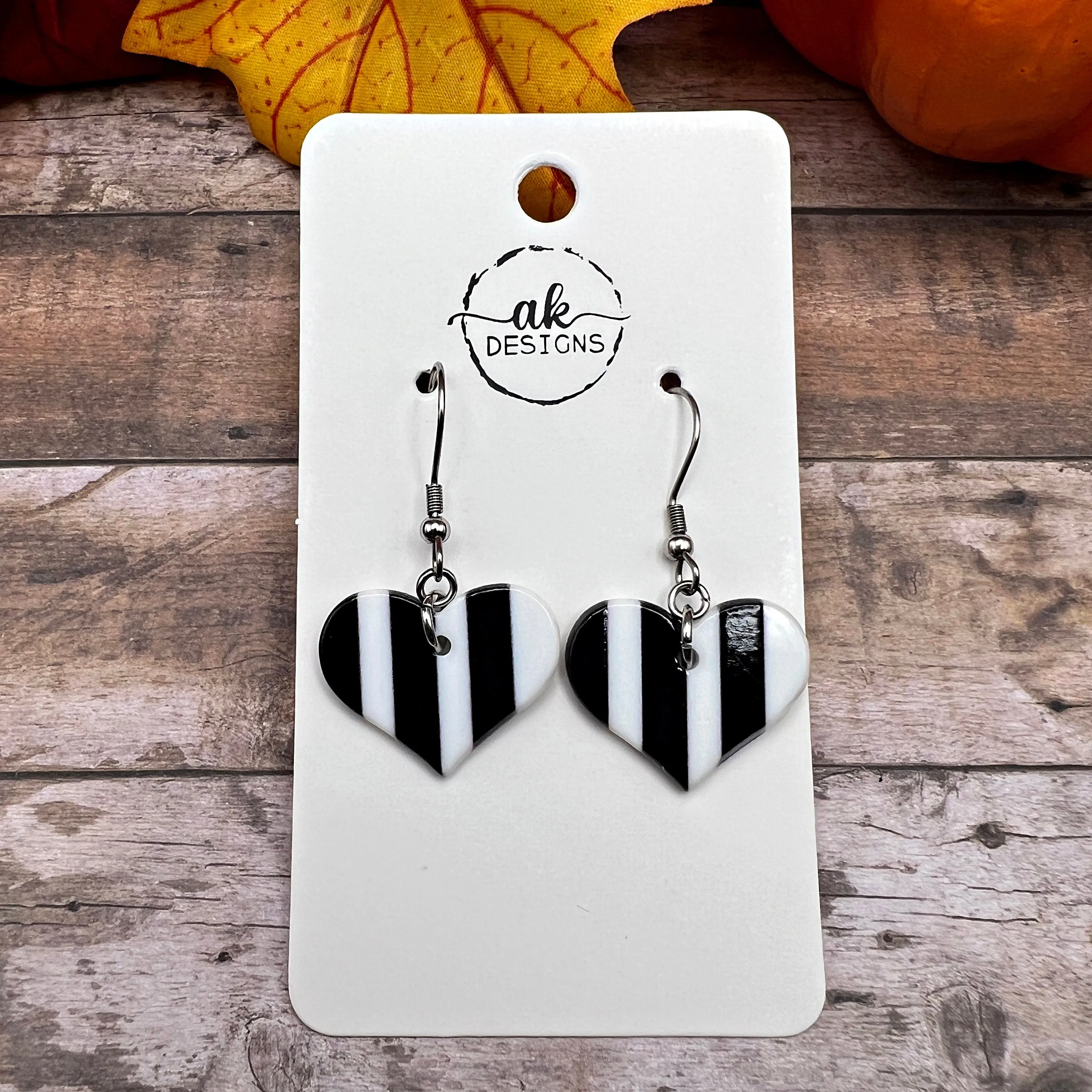 Black White and Purple Striped Heart Halloween Earrings