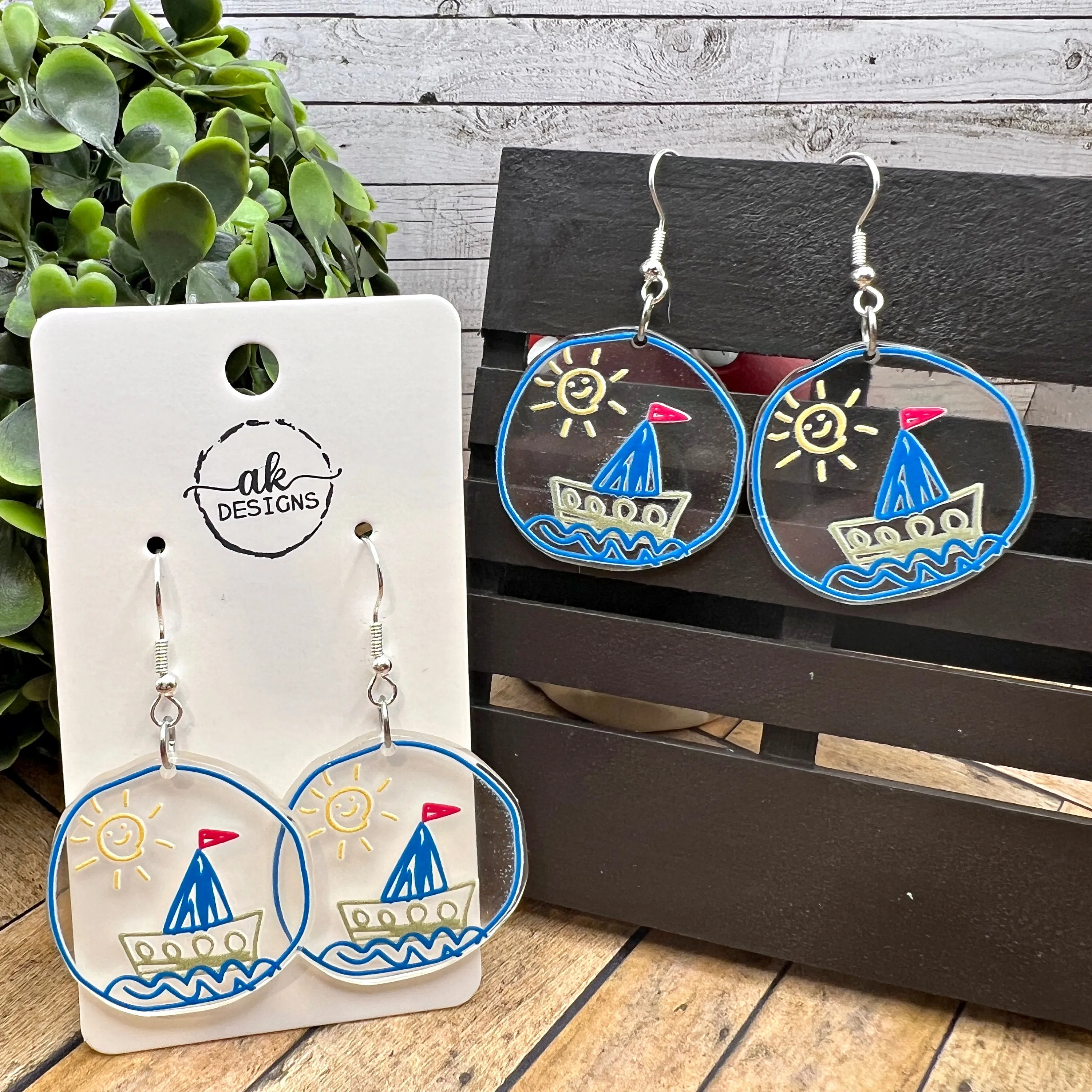 Boat and Sun Doodle Acrylic Earrings