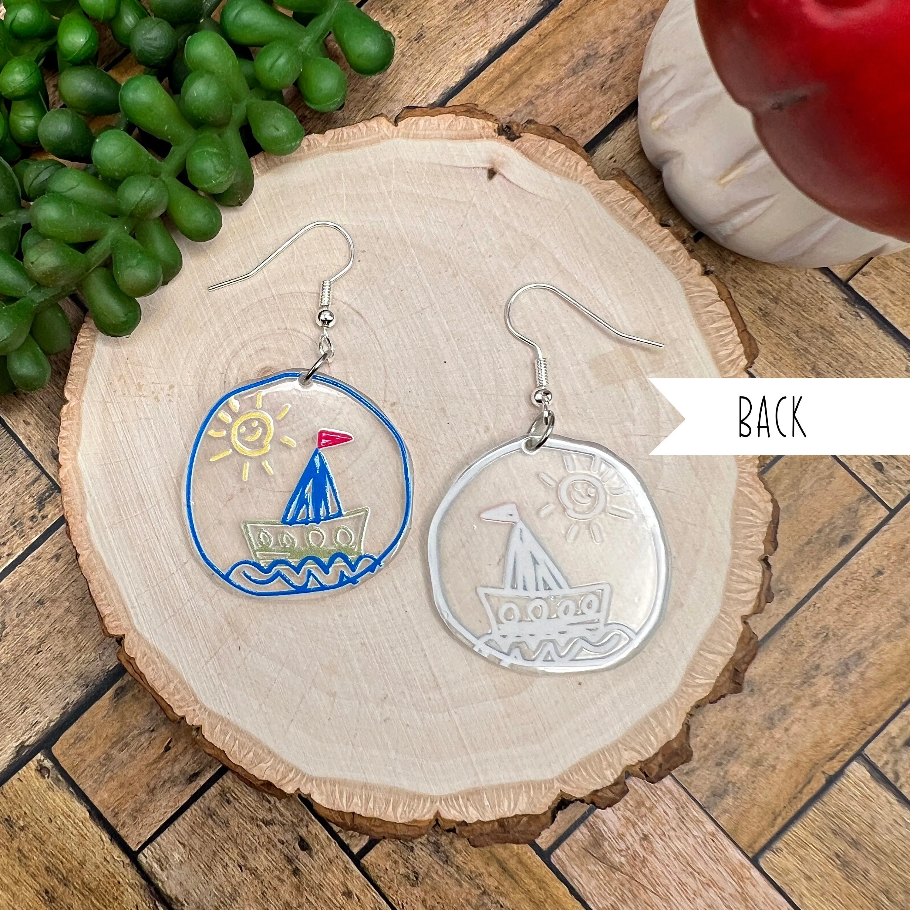 Boat and Sun Doodle Acrylic Earrings