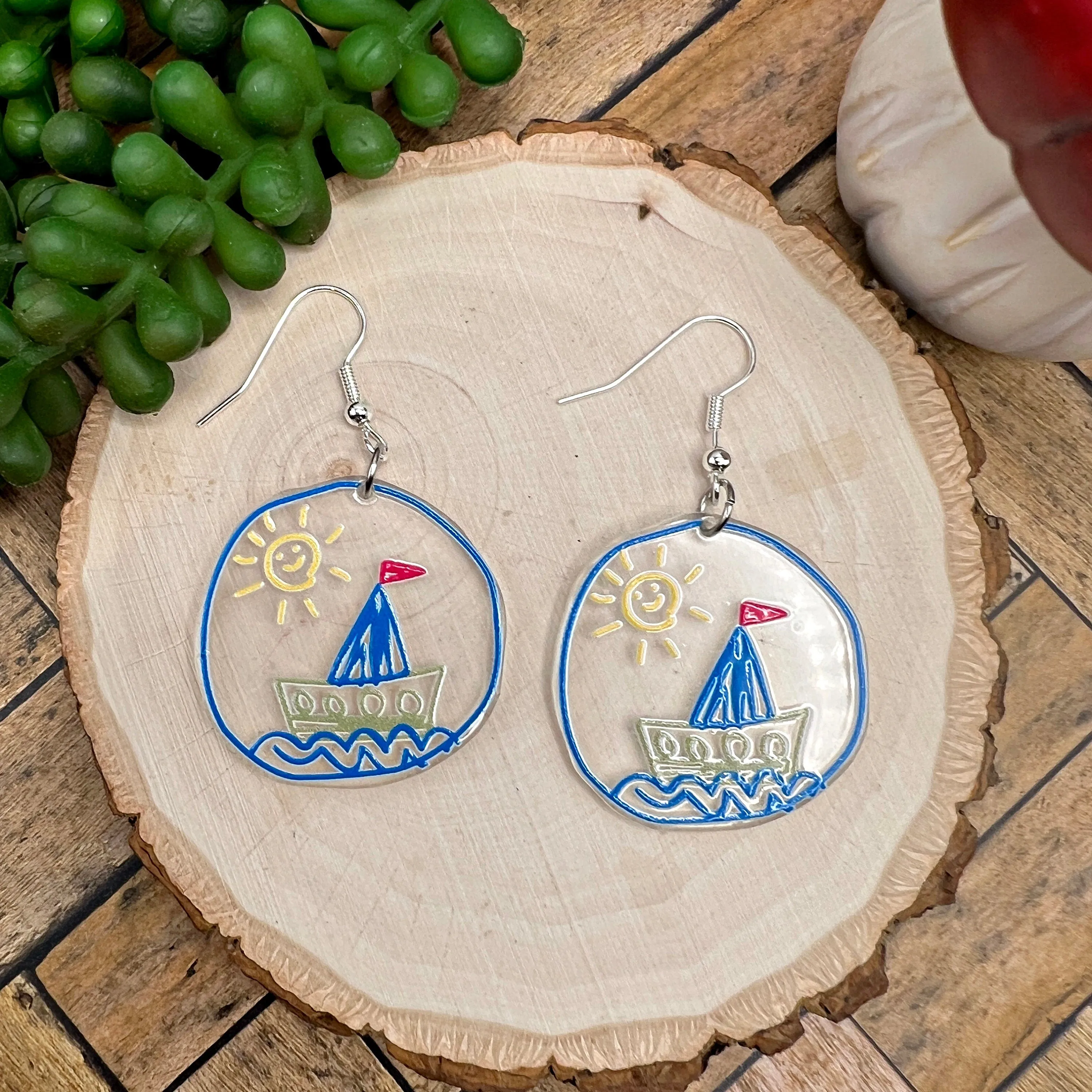 Boat and Sun Doodle Acrylic Earrings