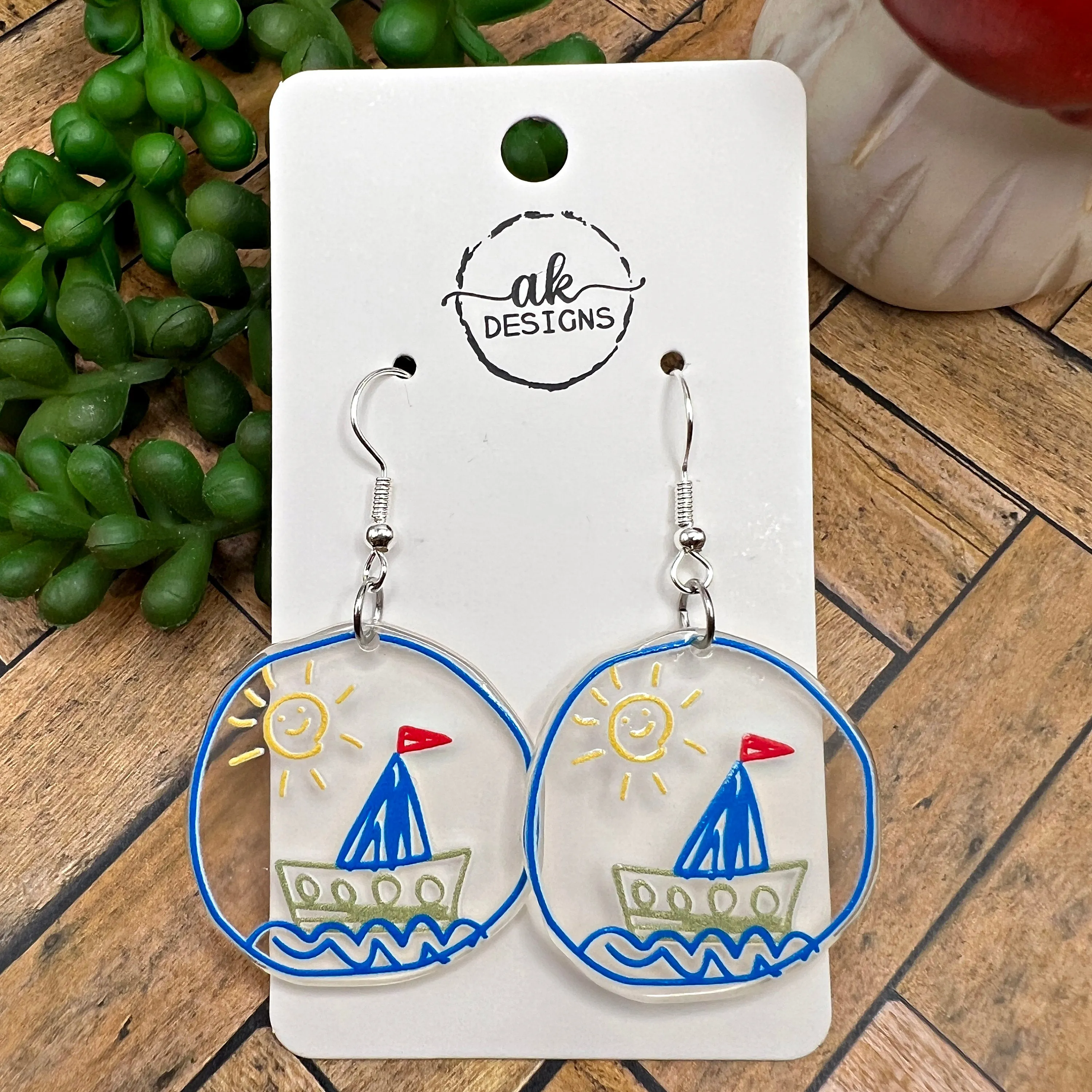 Boat and Sun Doodle Acrylic Earrings