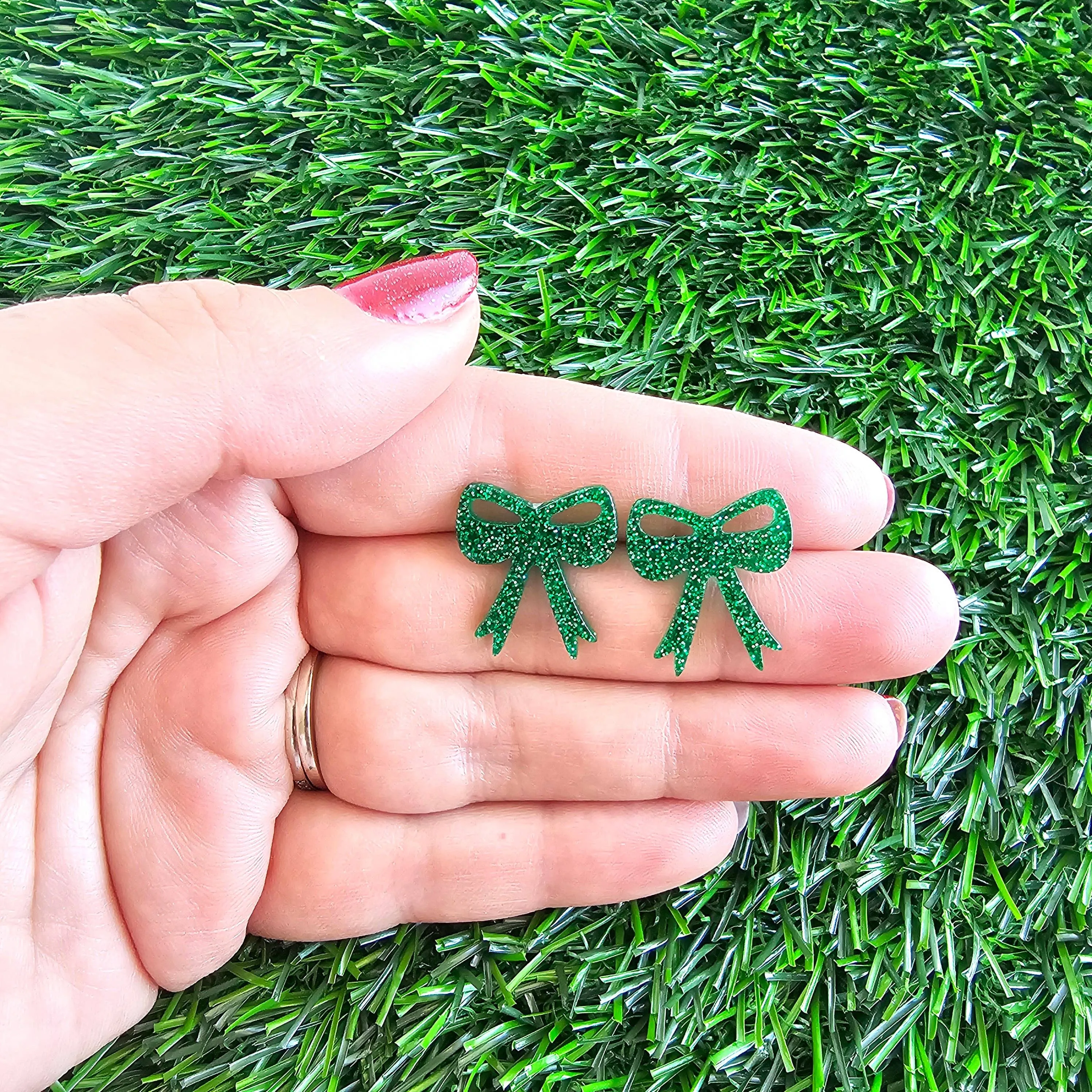 Bow Studs - Green Glitter