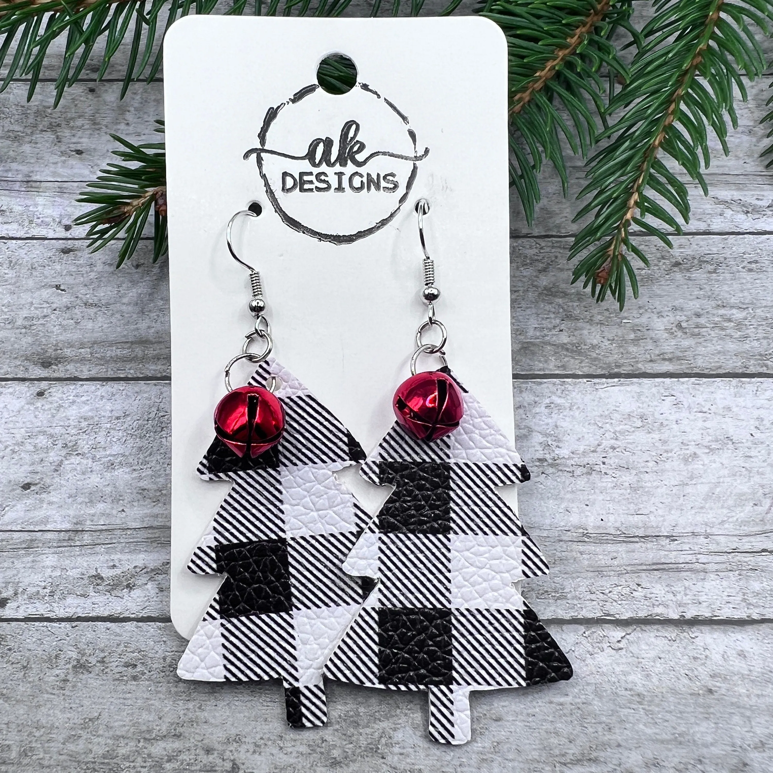 Buffalo Plaid Faux Leather Jingle Bell Christmas Earrings