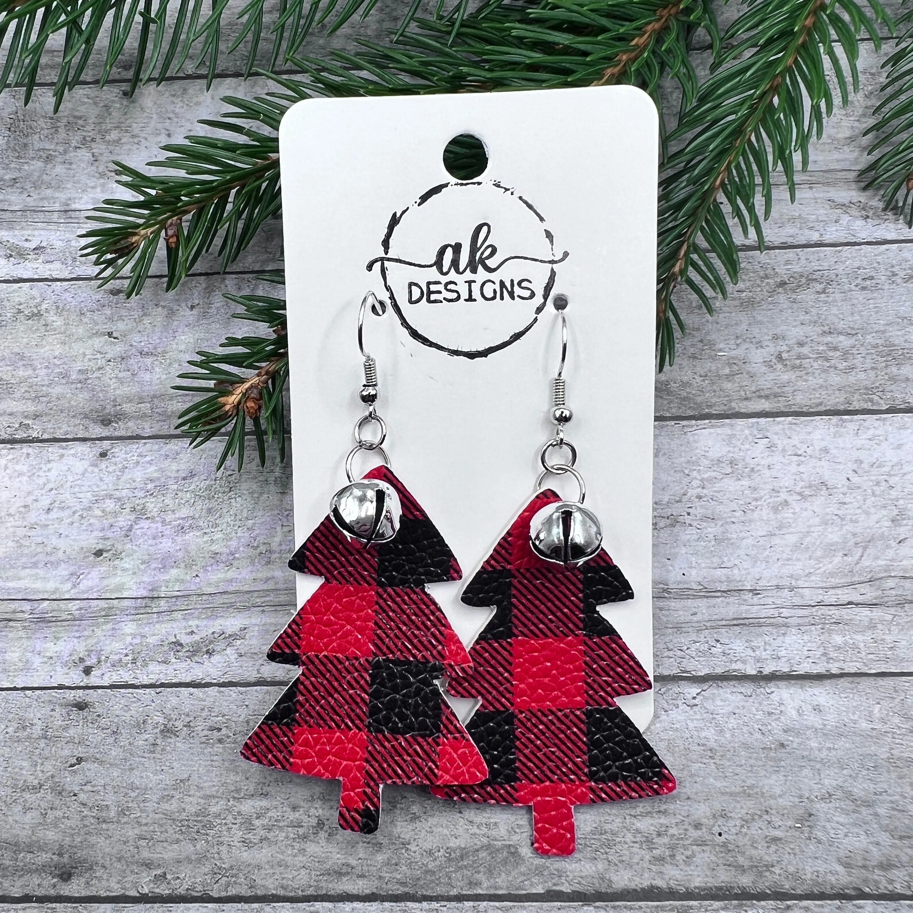 Buffalo Plaid Faux Leather Jingle Bell Christmas Earrings