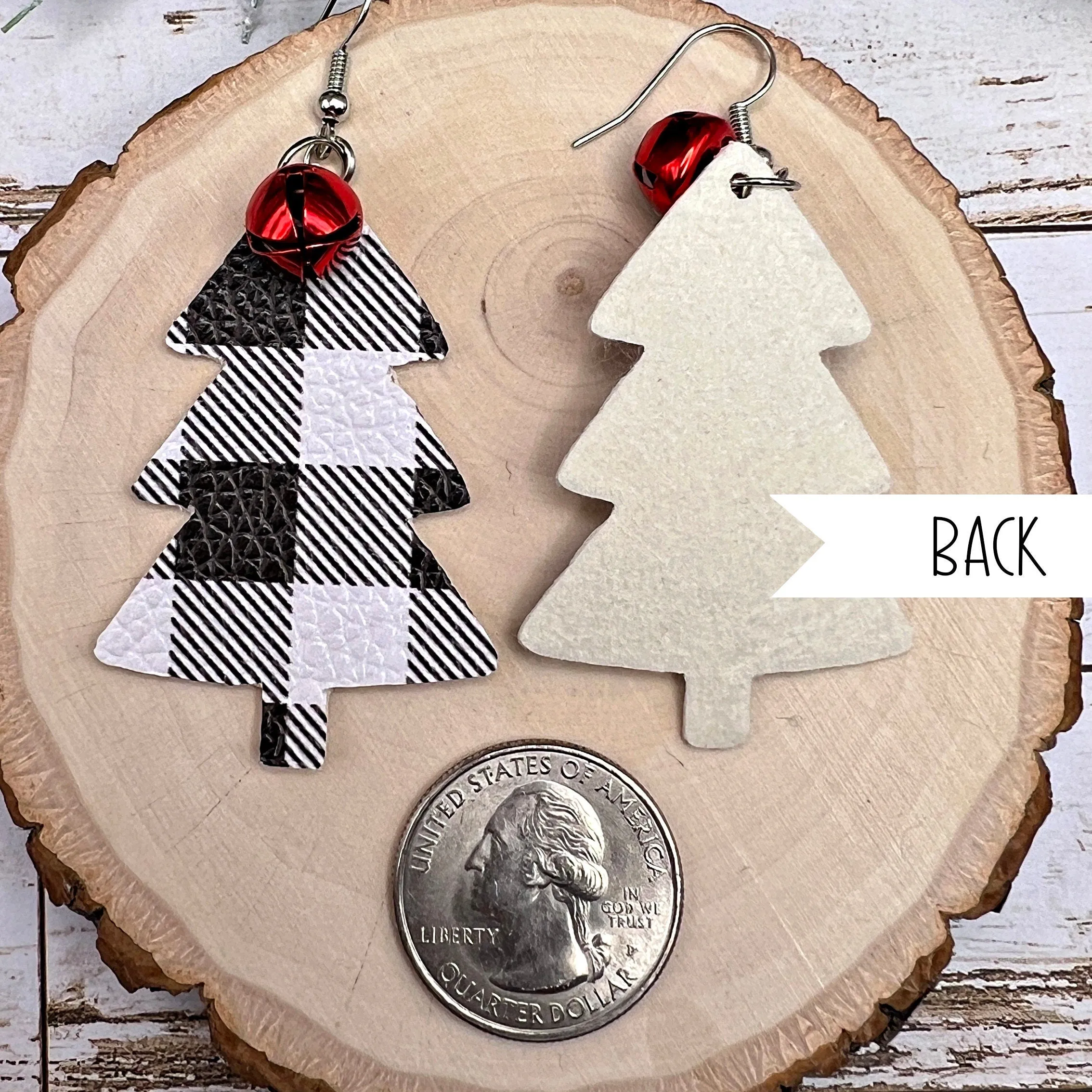 Buffalo Plaid Faux Leather Jingle Bell Christmas Earrings