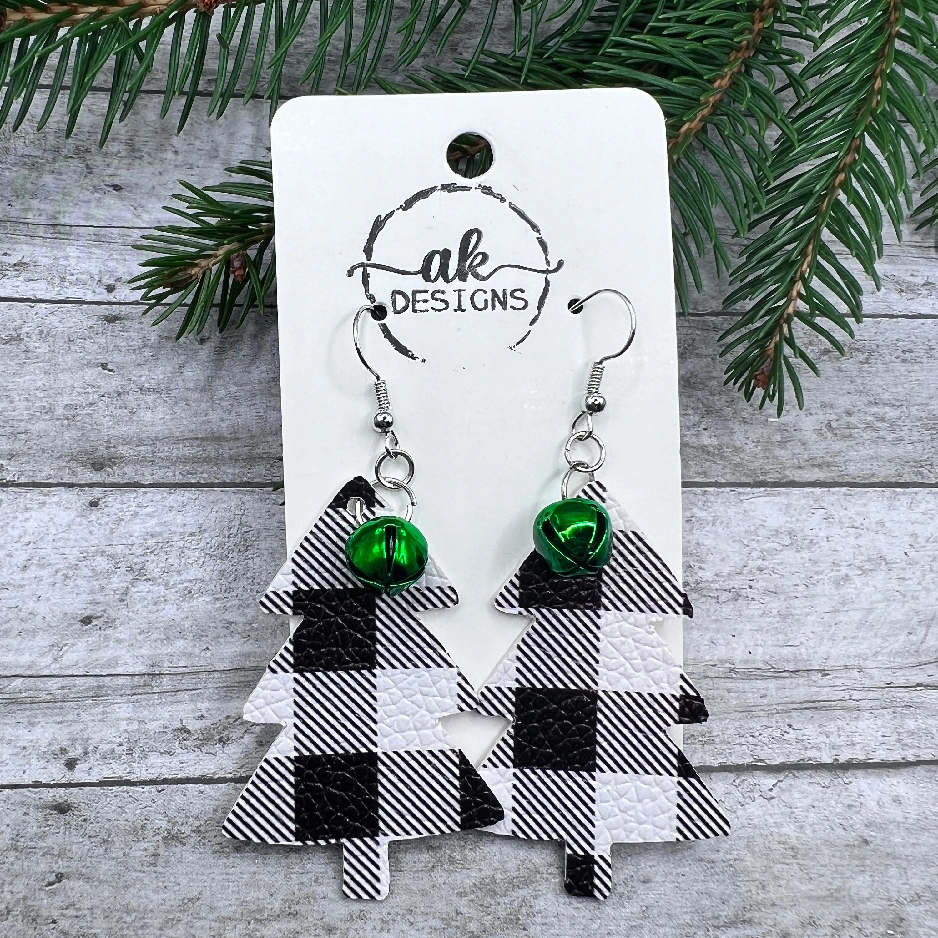 Buffalo Plaid Faux Leather Jingle Bell Christmas Earrings