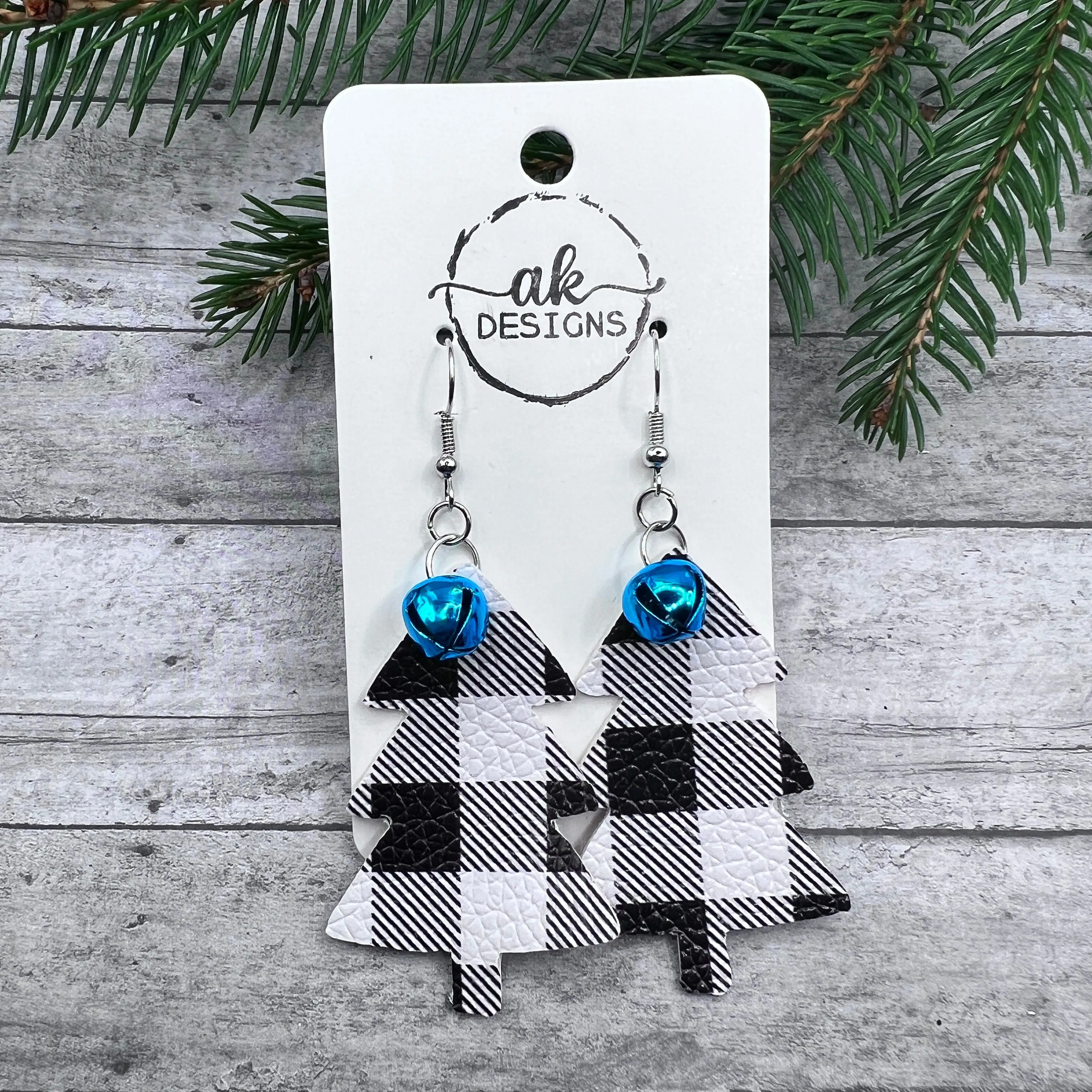 Buffalo Plaid Faux Leather Jingle Bell Christmas Earrings