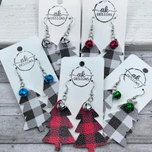 Buffalo Plaid Faux Leather Jingle Bell Christmas Earrings