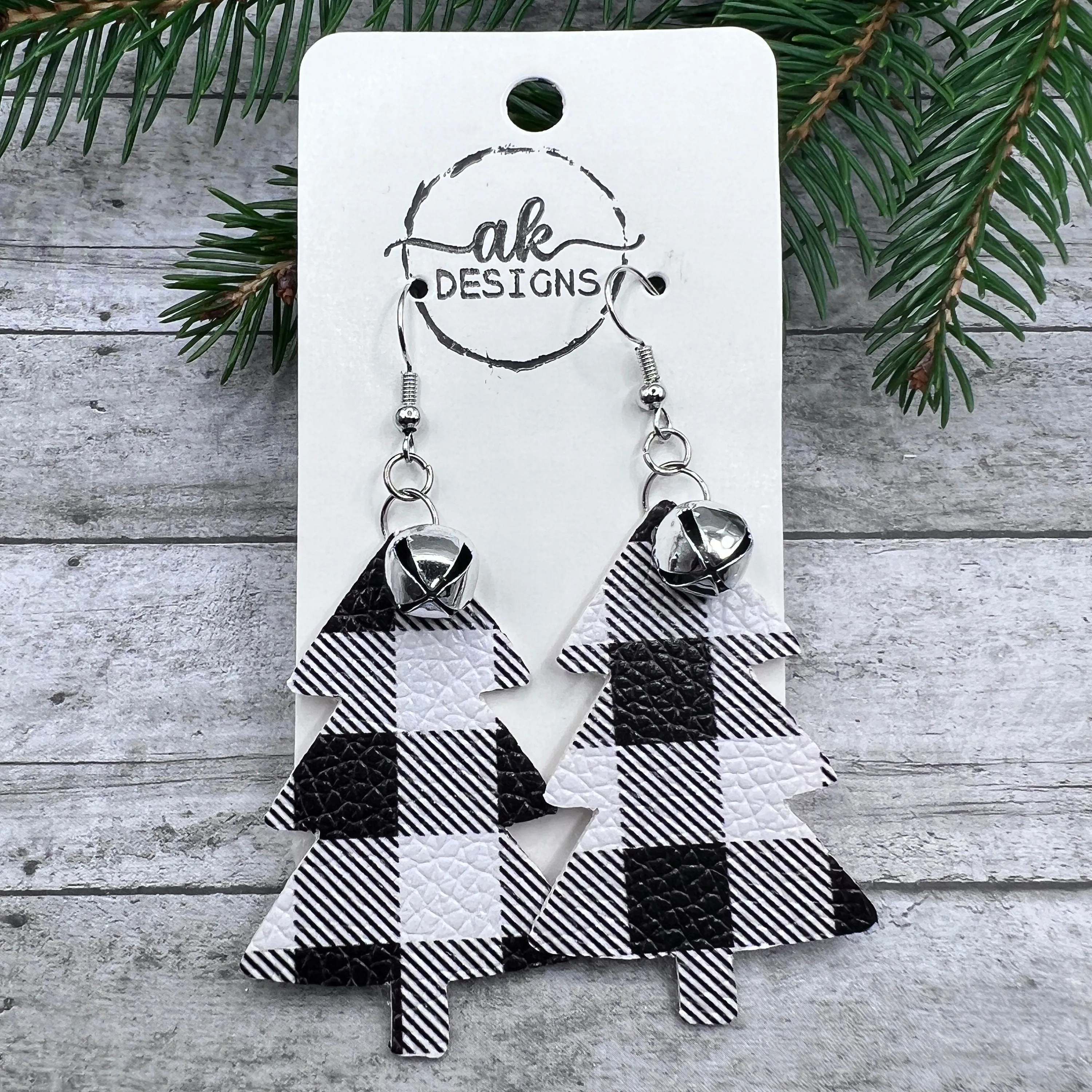 Buffalo Plaid Faux Leather Jingle Bell Christmas Earrings