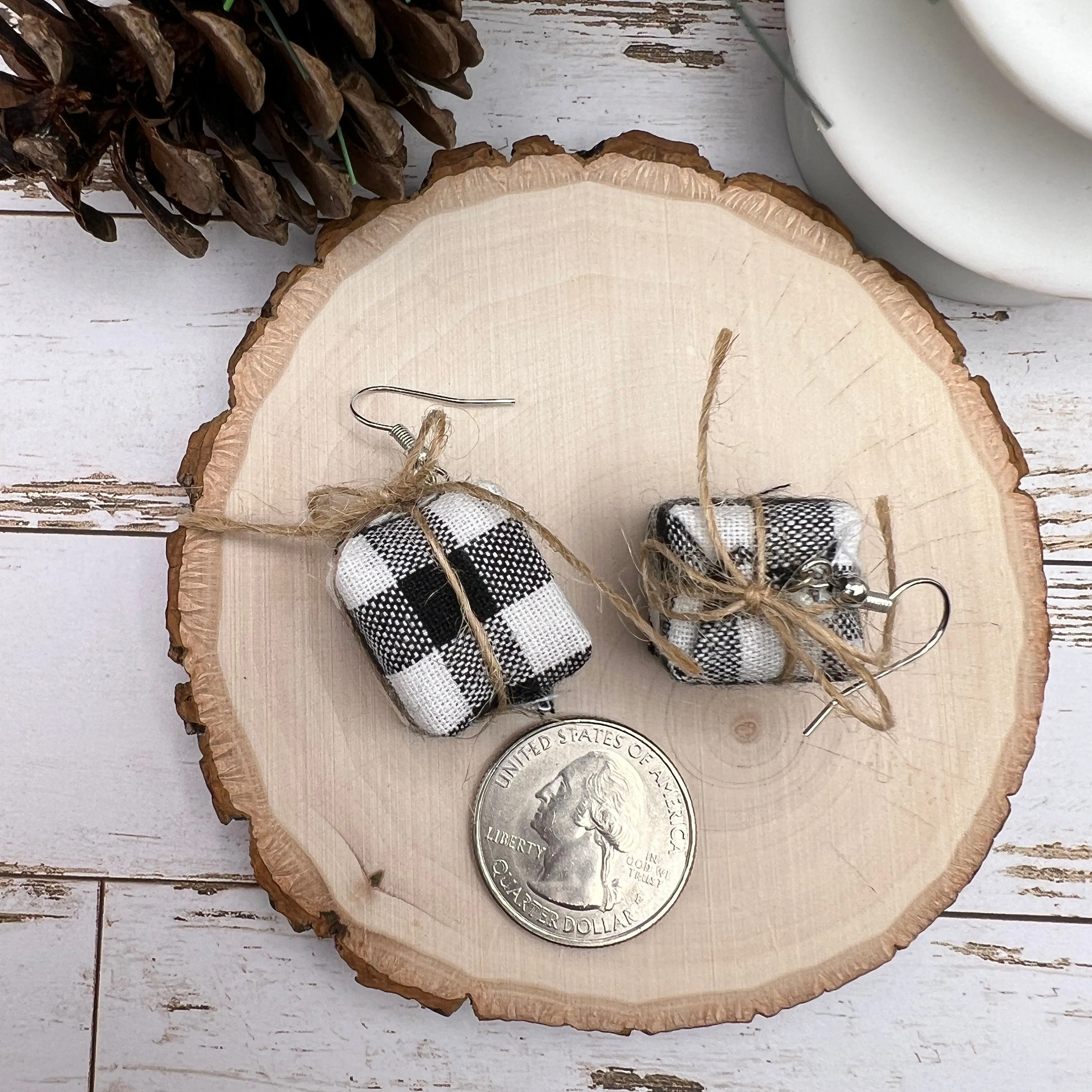 Buffalo Plaid Twine Wrapped Gift Christmas Earrings - Clearance