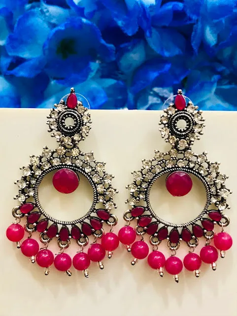 Charming Rani Pink Color Oxidized Unique Designed Earrings