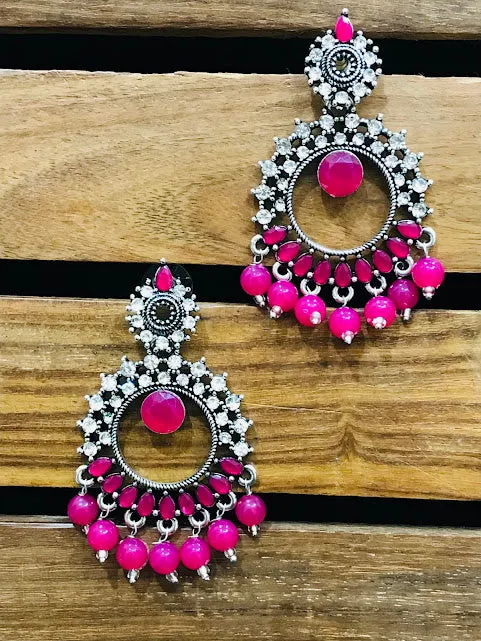 Charming Rani Pink Color Oxidized Unique Designed Earrings