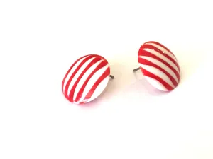 Cherry Red & White Stripe Pin Stripe Disc Stud Earrings