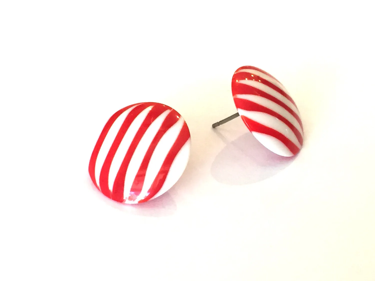 Cherry Red & White Stripe Pin Stripe Disc Stud Earrings