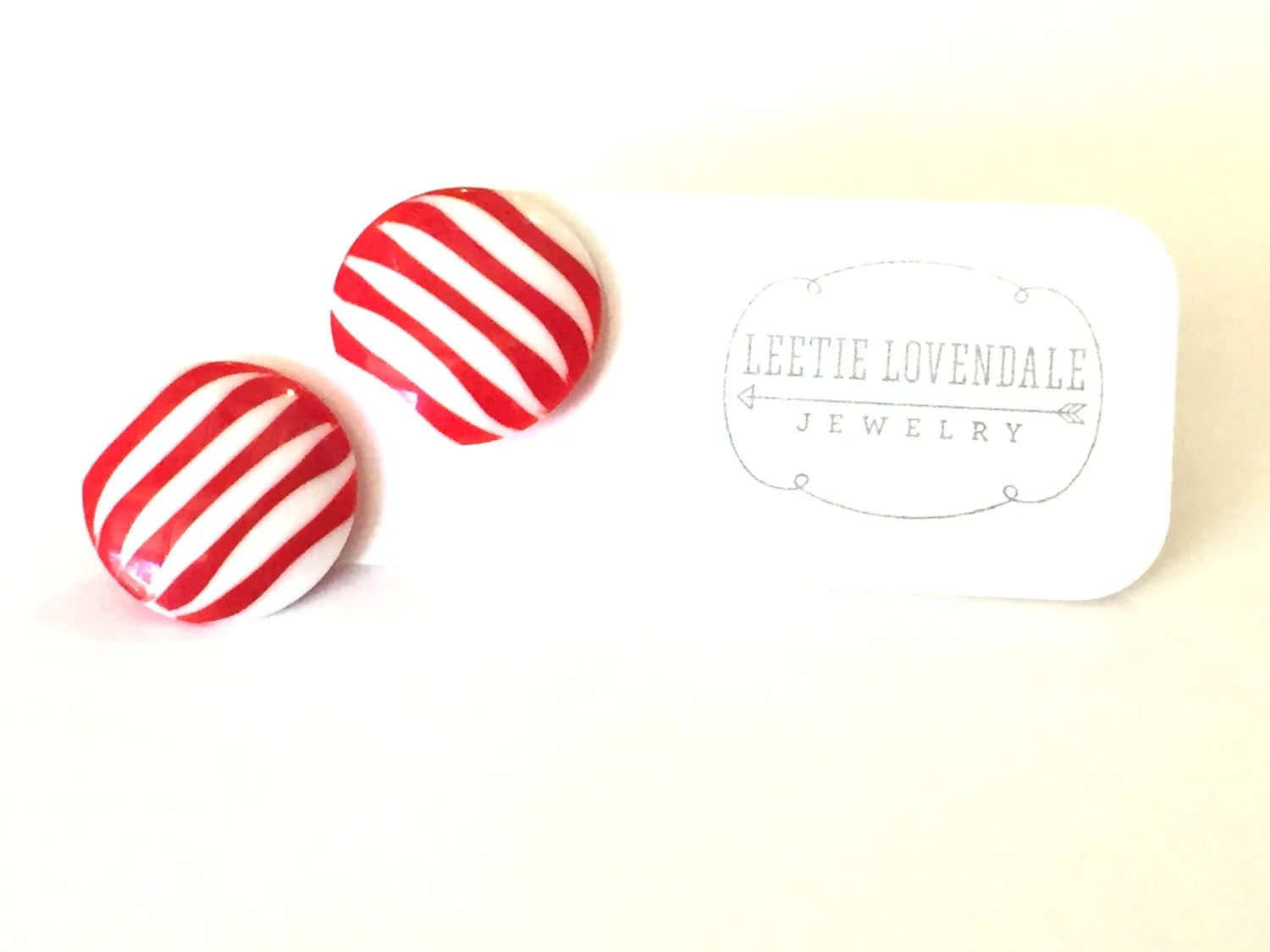 Cherry Red & White Stripe Pin Stripe Disc Stud Earrings