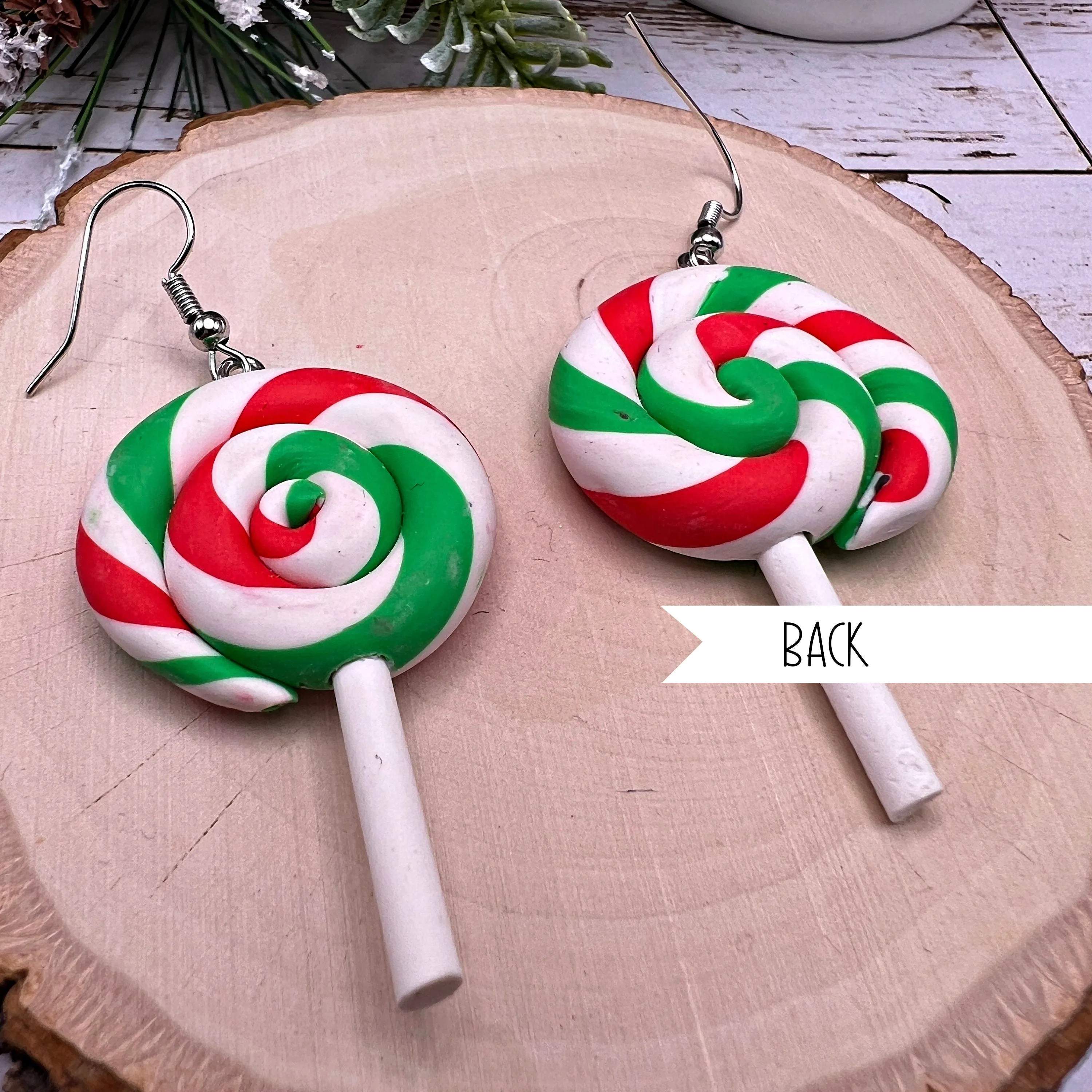 Christmas Lollipop Swirl Sucker Clay Whimsical Hypoallergenic  Holiday Earrings - Clearance