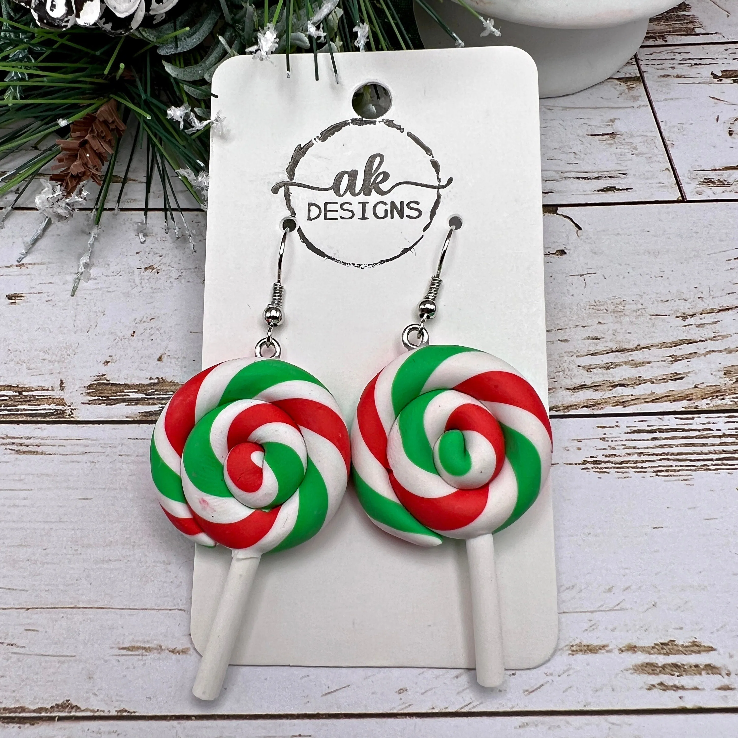 Christmas Lollipop Swirl Sucker Clay Whimsical Hypoallergenic  Holiday Earrings - Clearance