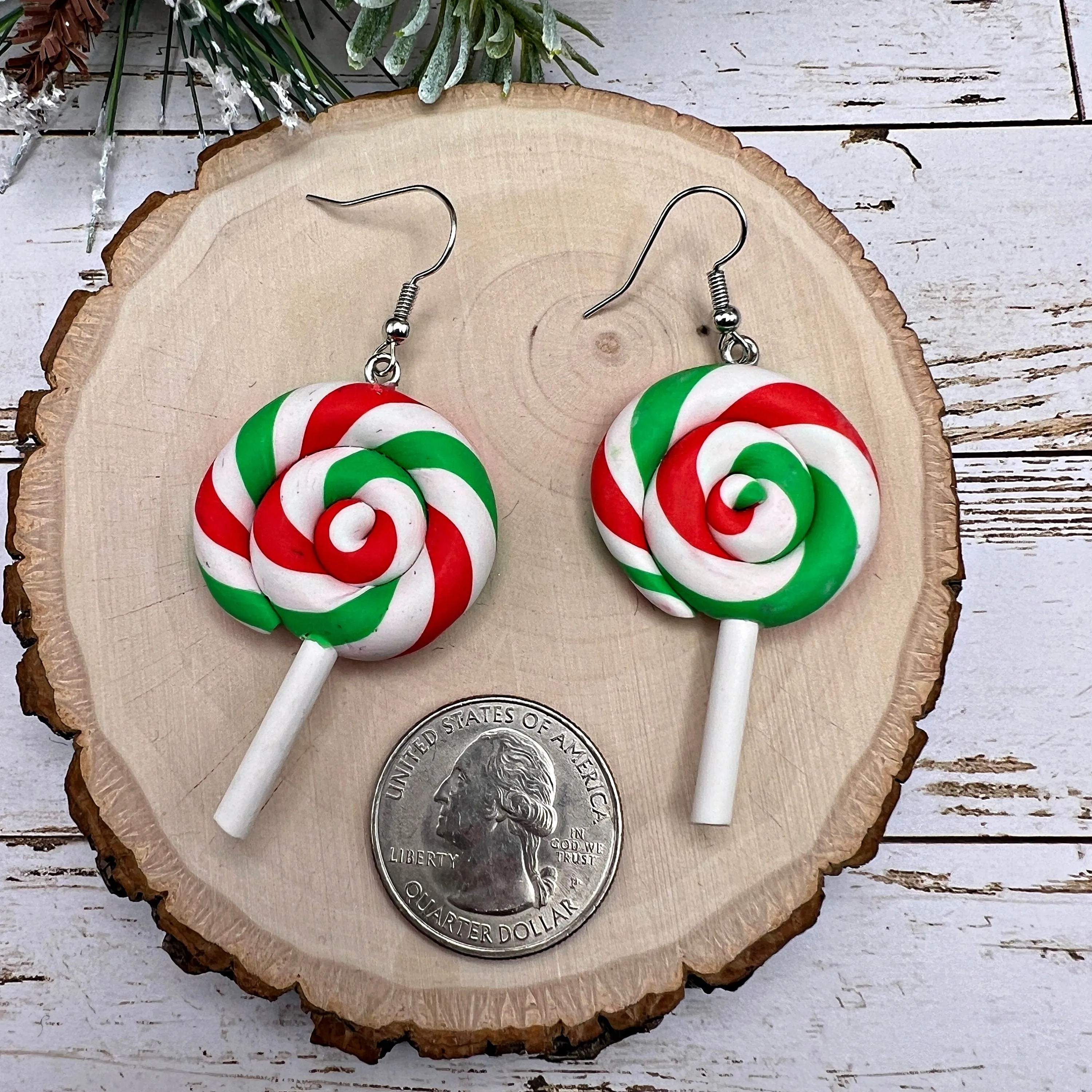 Christmas Lollipop Swirl Sucker Clay Whimsical Hypoallergenic  Holiday Earrings - Clearance