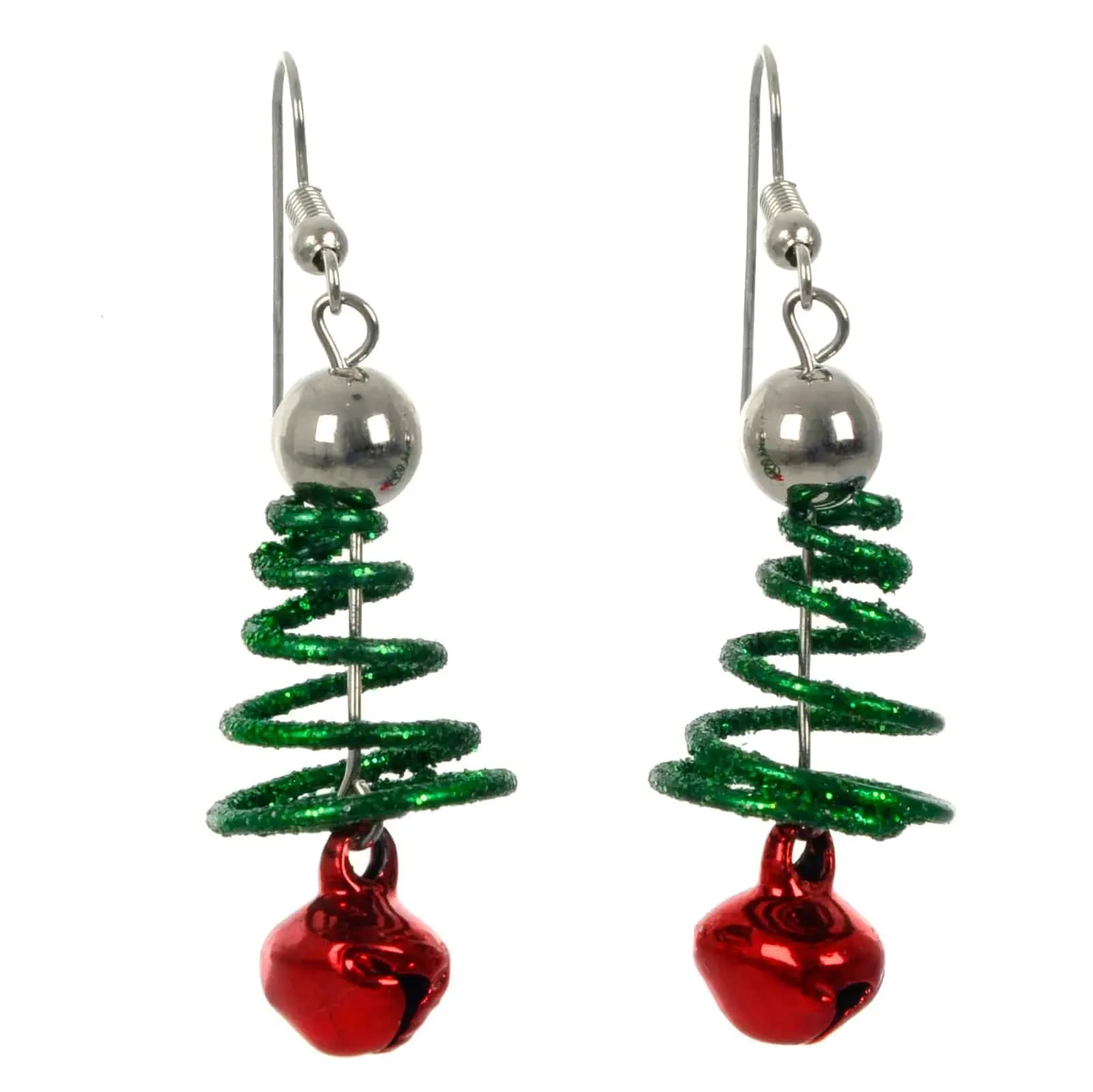 Christmas Tree Spiral Drop Earrings Red Bells Costume Jewellery