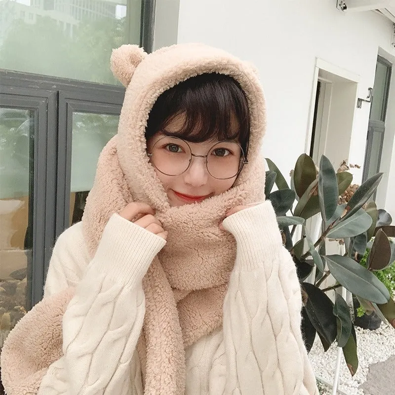 Cozy Winter Plush Bear Ear Beanie Hats and Scarfs Set