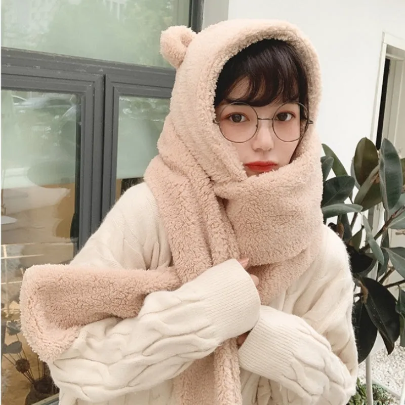 Cozy Winter Plush Bear Ear Beanie Hats and Scarfs Set