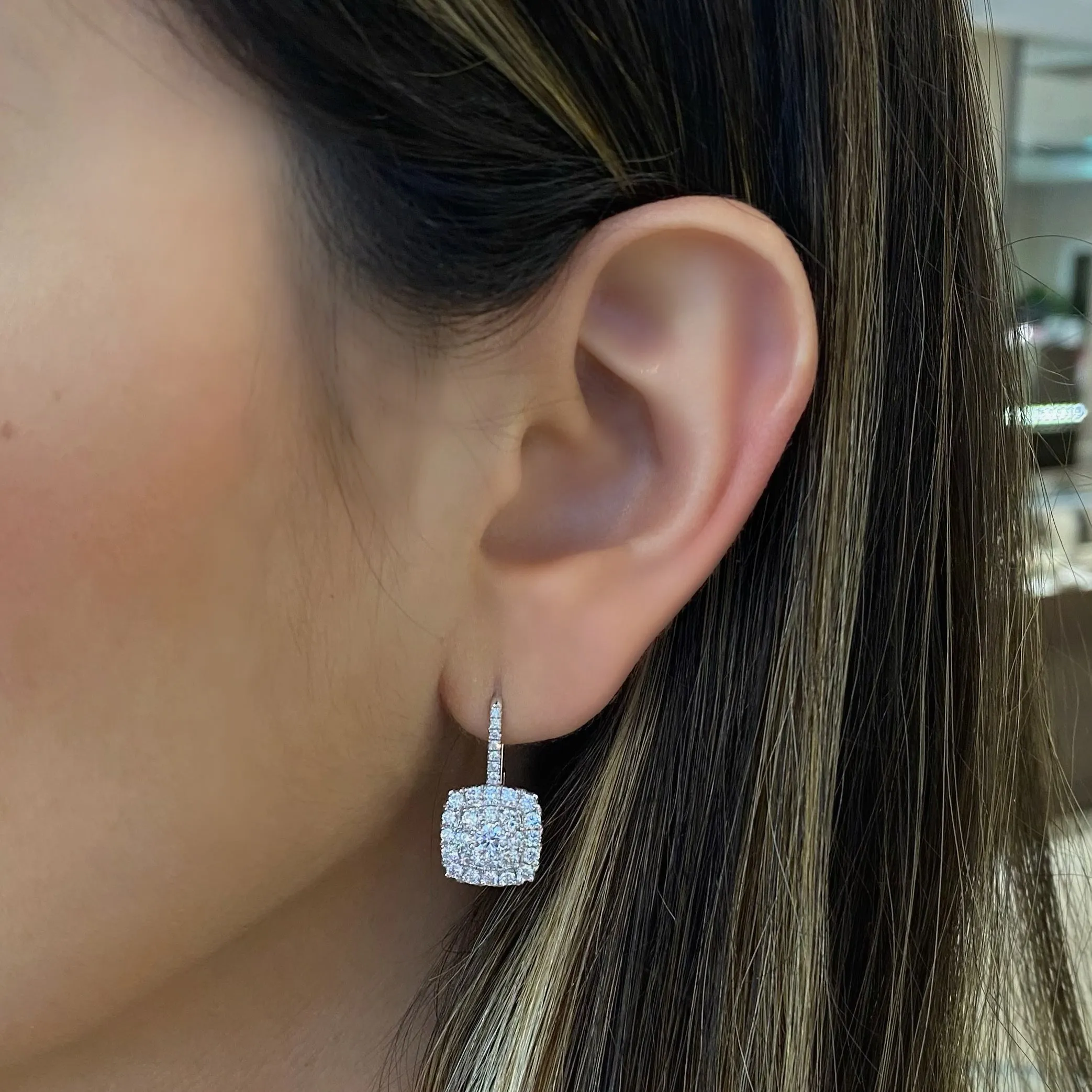 Diamond Cushion Lever-Back Earrings